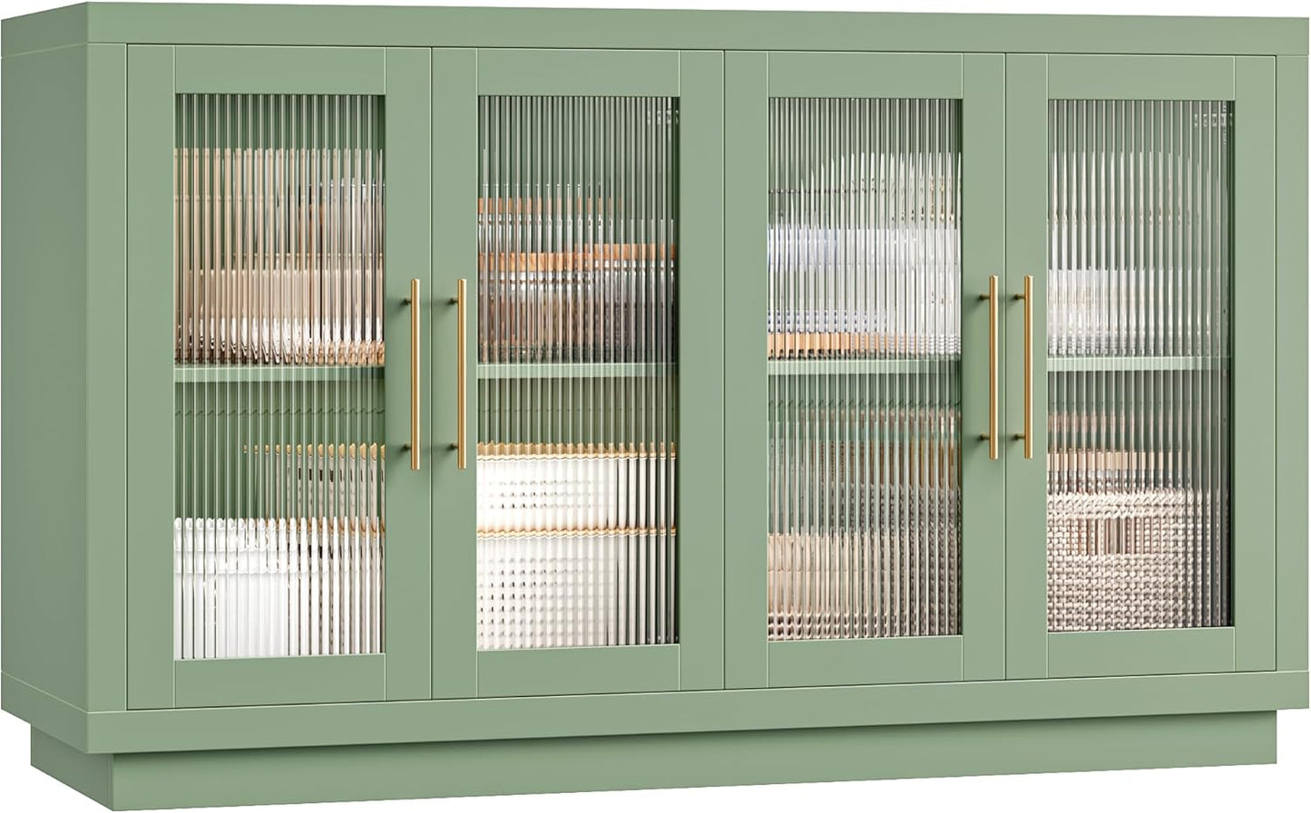 FOTOSOK Buffet Cabinet with Storage, 55.1" Large Sideboard Buffet Table, Modern Sideboard Kitchen Cabinet with 4 Fluted Glass Doors, Wood Coffee Ba for Kitchen Dining Room, Black/Brown