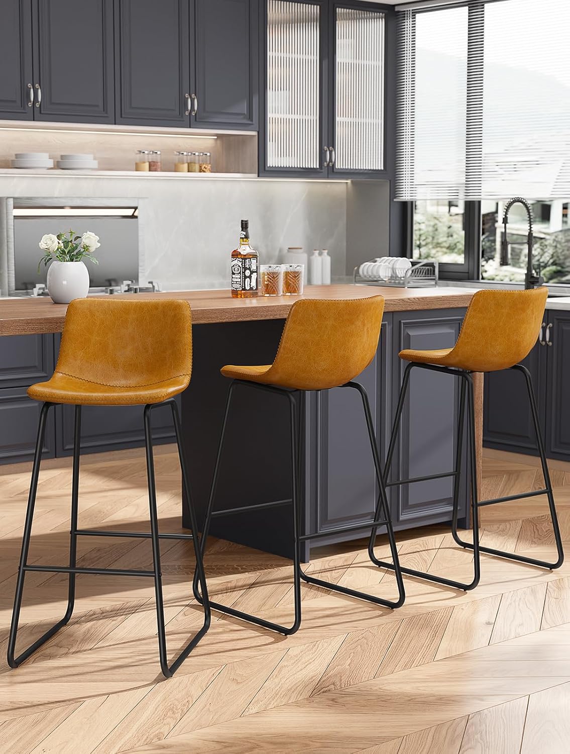 Bar Stools Set of 4, PU Leather Counter Height Bar Stools, 26" Modern Barstools with Metal Legs and Footrest, Urban Armless Dining Chairs with Backrest for Kitchen Island (Brown)