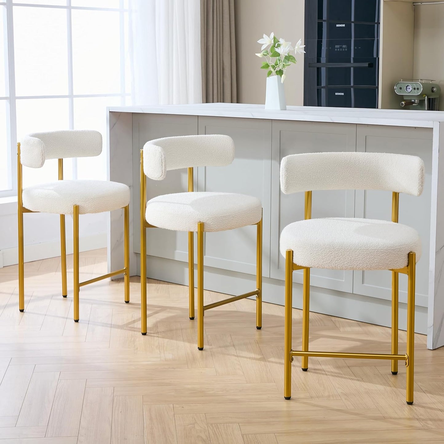 Counter Height Bar Stools Set of 3, 24'' Faux Leather Bar Stools with Back, Mid-Century Modern Bar Chairs for Kitchen Island, Dining Room, Vegan Leather, Grey