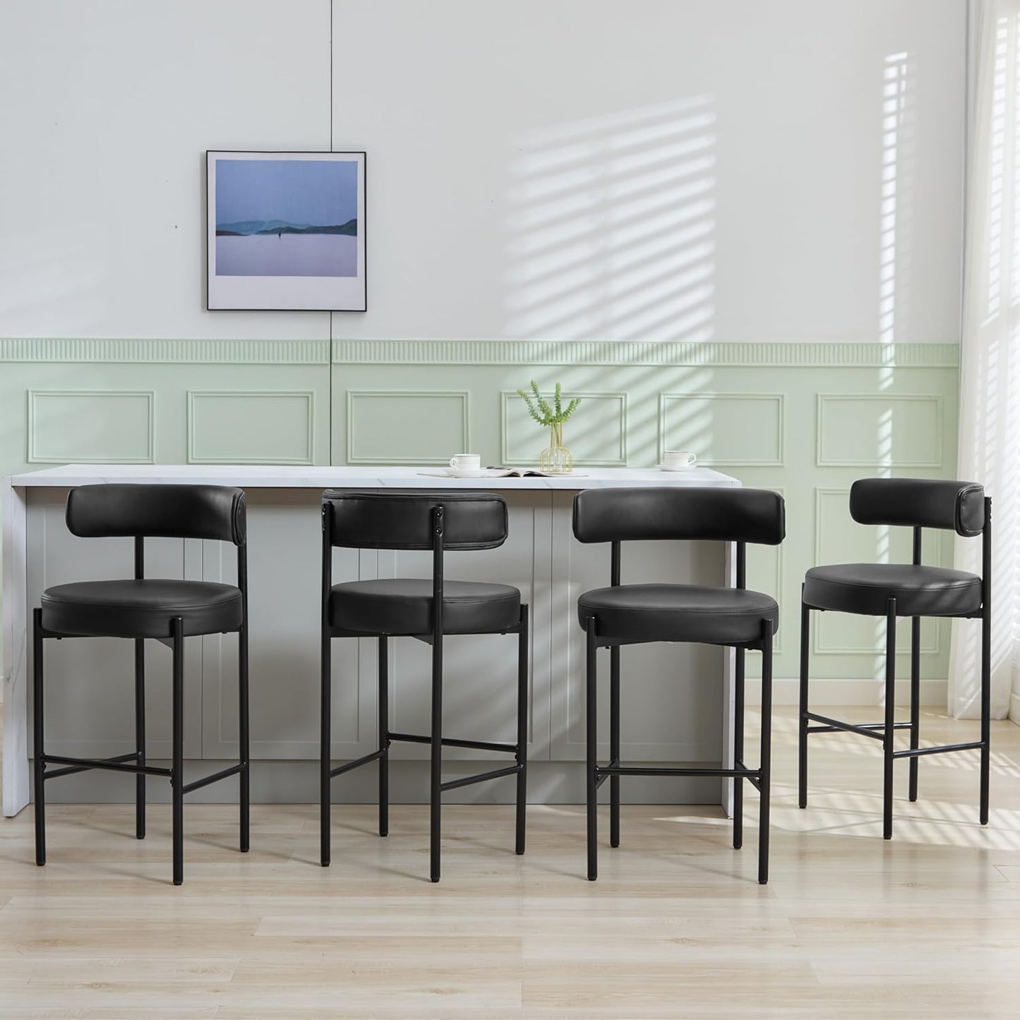 Counter Height Bar Stools Set of 3, 24'' Faux Leather Bar Stools with Back, Mid-Century Modern Bar Chairs for Kitchen Island, Dining Room, Vegan Leather, Grey