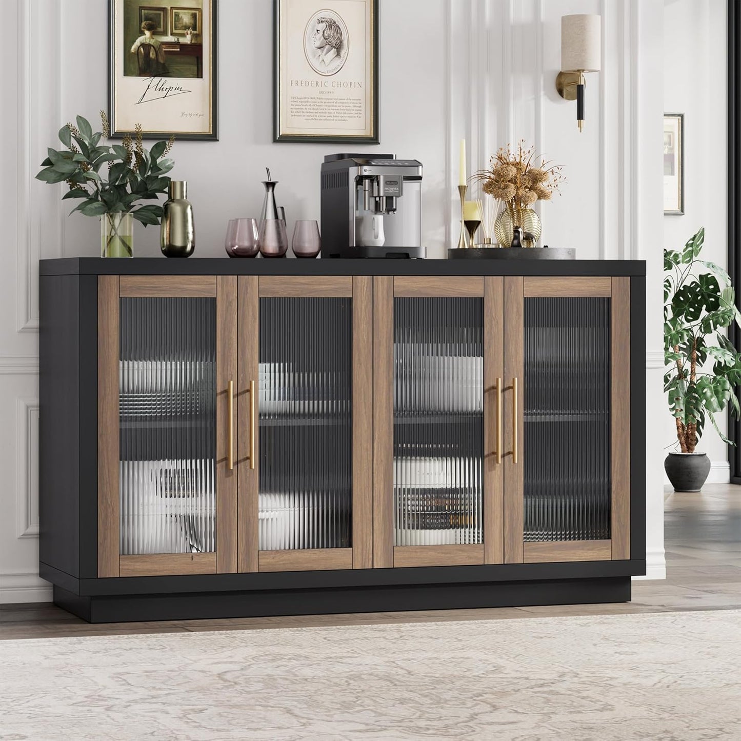 FOTOSOK Buffet Cabinet with Storage, 55.1" Large Sideboard Buffet Table, Modern Sideboard Kitchen Cabinet with 4 Fluted Glass Doors, Wood Coffee Ba for Kitchen Dining Room, Black/Brown