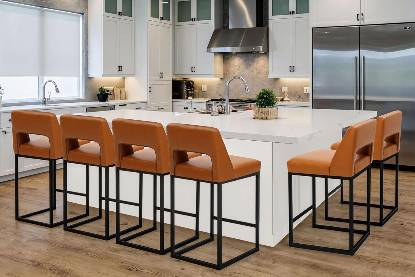 Counter Height Bar Stools Set of 4 for Kitchen Counter Modern Bar Chairs with Backs 26 Inch for Kitchen Island with Upholstered Faux Leather Seat and Metal Frame, Beige