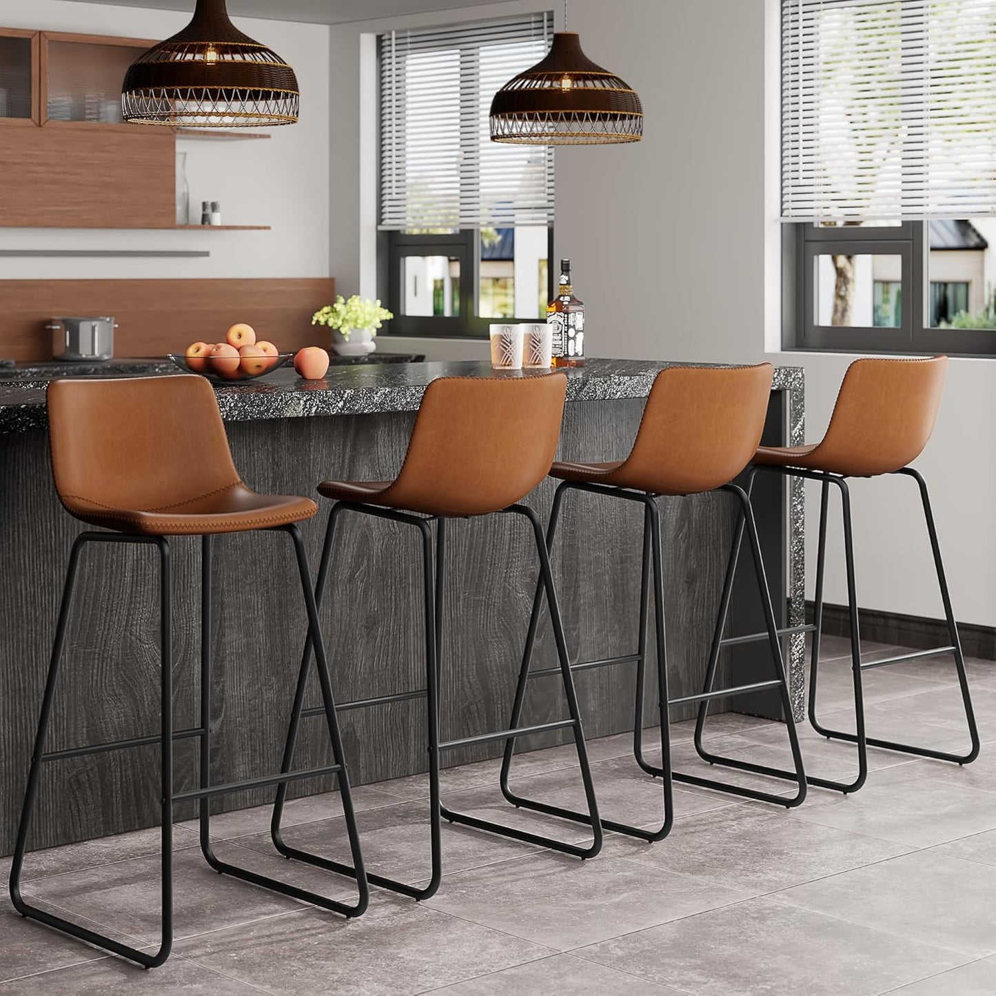 Bar Stools Set of 4, PU Leather Counter Height Bar Stools, 26" Modern Barstools with Metal Legs and Footrest, Urban Armless Dining Chairs with Backrest for Kitchen Island (Brown)