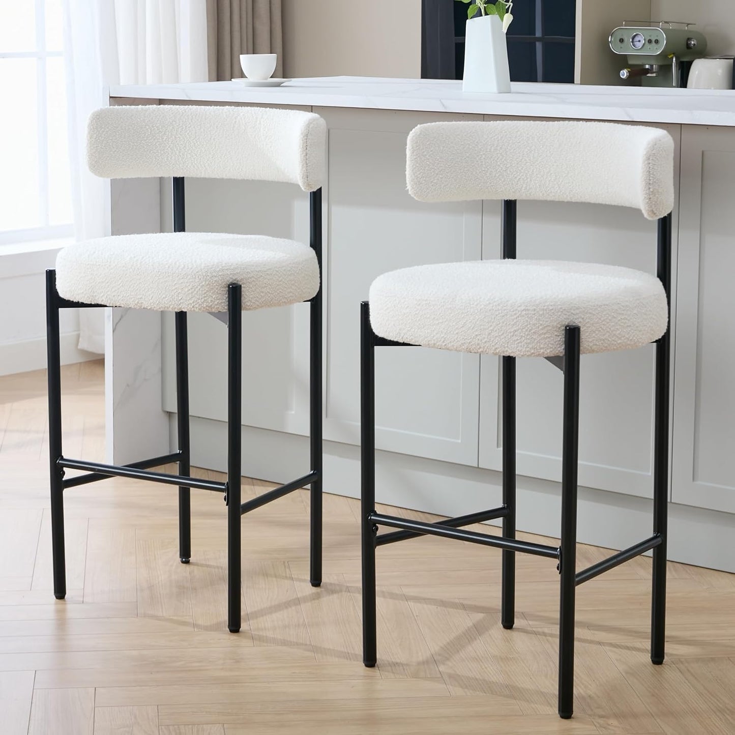 Counter Height Bar Stools Set of 3, 24'' Faux Leather Bar Stools with Back, Mid-Century Modern Bar Chairs for Kitchen Island, Dining Room, Vegan Leather, Grey