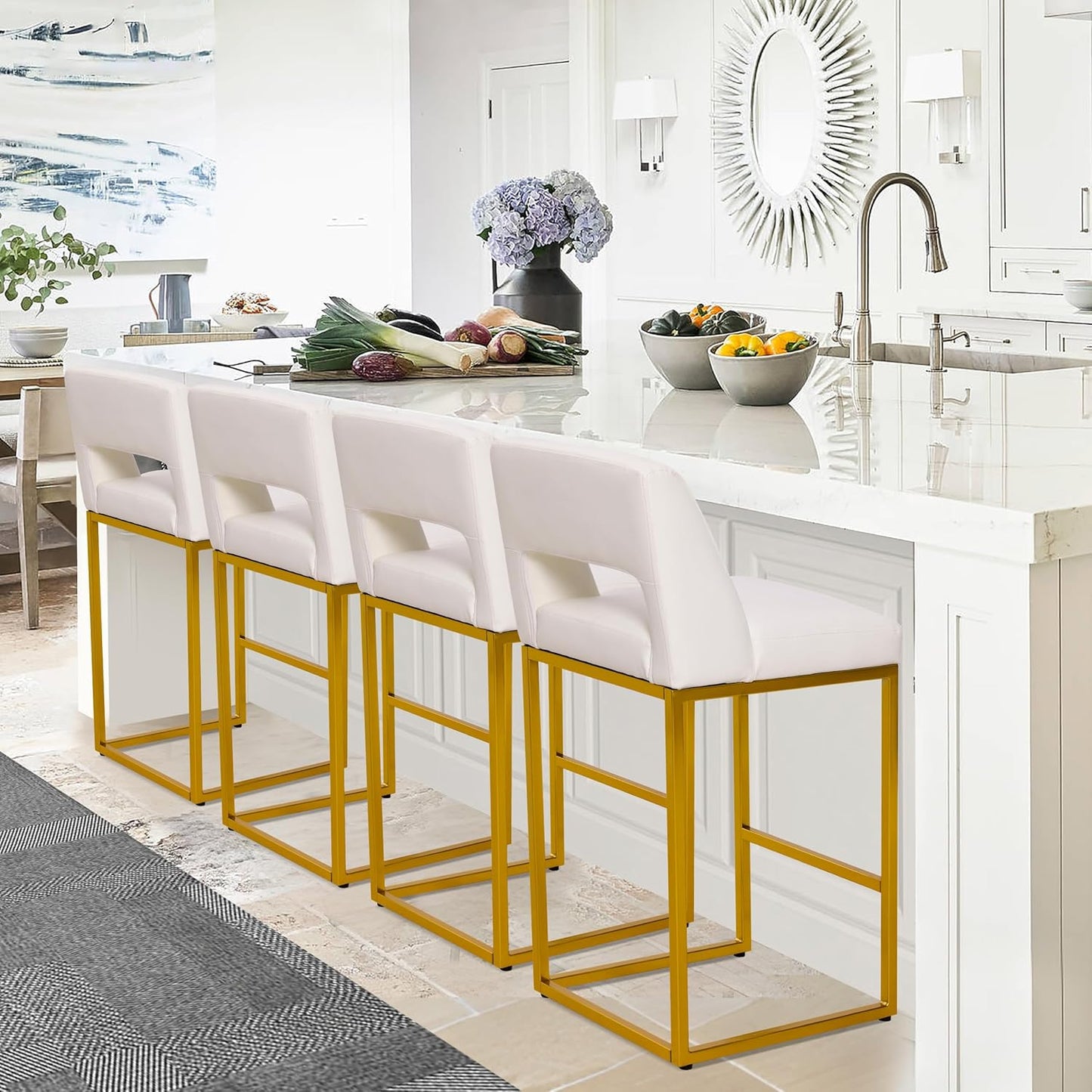 Counter Height Bar Stools Set of 4 for Kitchen Counter Modern Bar Chairs with Backs 26 Inch for Kitchen Island with Upholstered Faux Leather Seat and Metal Frame, Beige