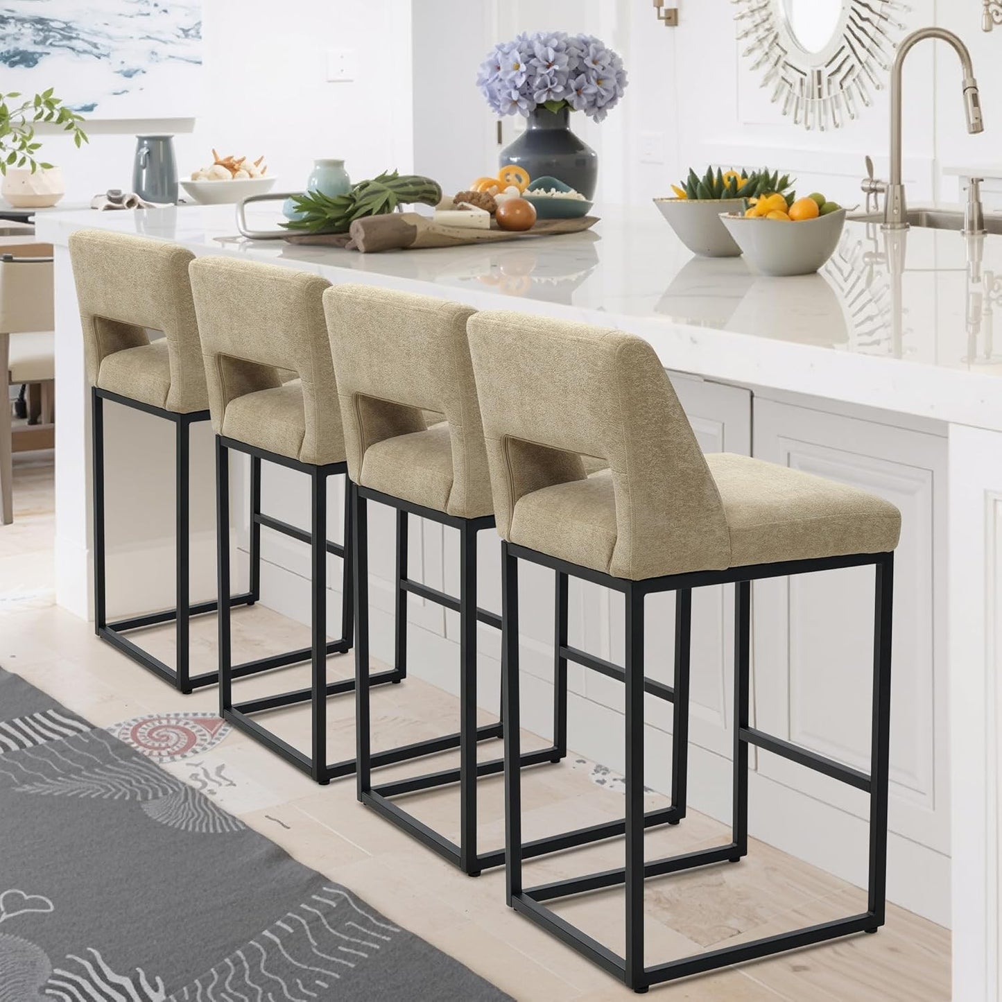 Counter Height Bar Stools Set of 4 for Kitchen Counter Modern Bar Chairs with Backs 26 Inch for Kitchen Island with Upholstered Faux Leather Seat and Metal Frame, Beige