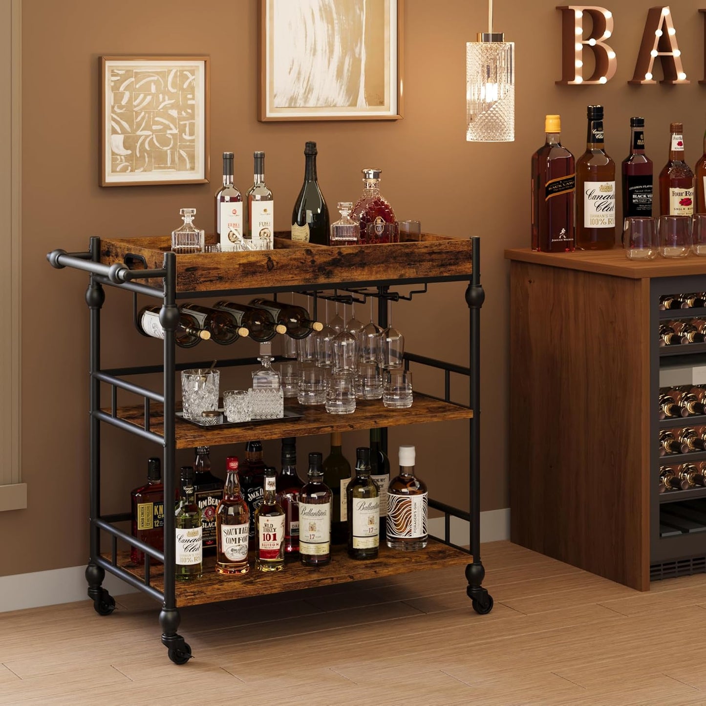 Bar Cart, Bar Carts for The Home, 3 Tier Serving Cart With Wheels, Home Bar & Serving Carts, Metal Rolling Cart With Wine Rack & Removable Tray for Kitchen, Dining Room, Living Room-Retro Brown