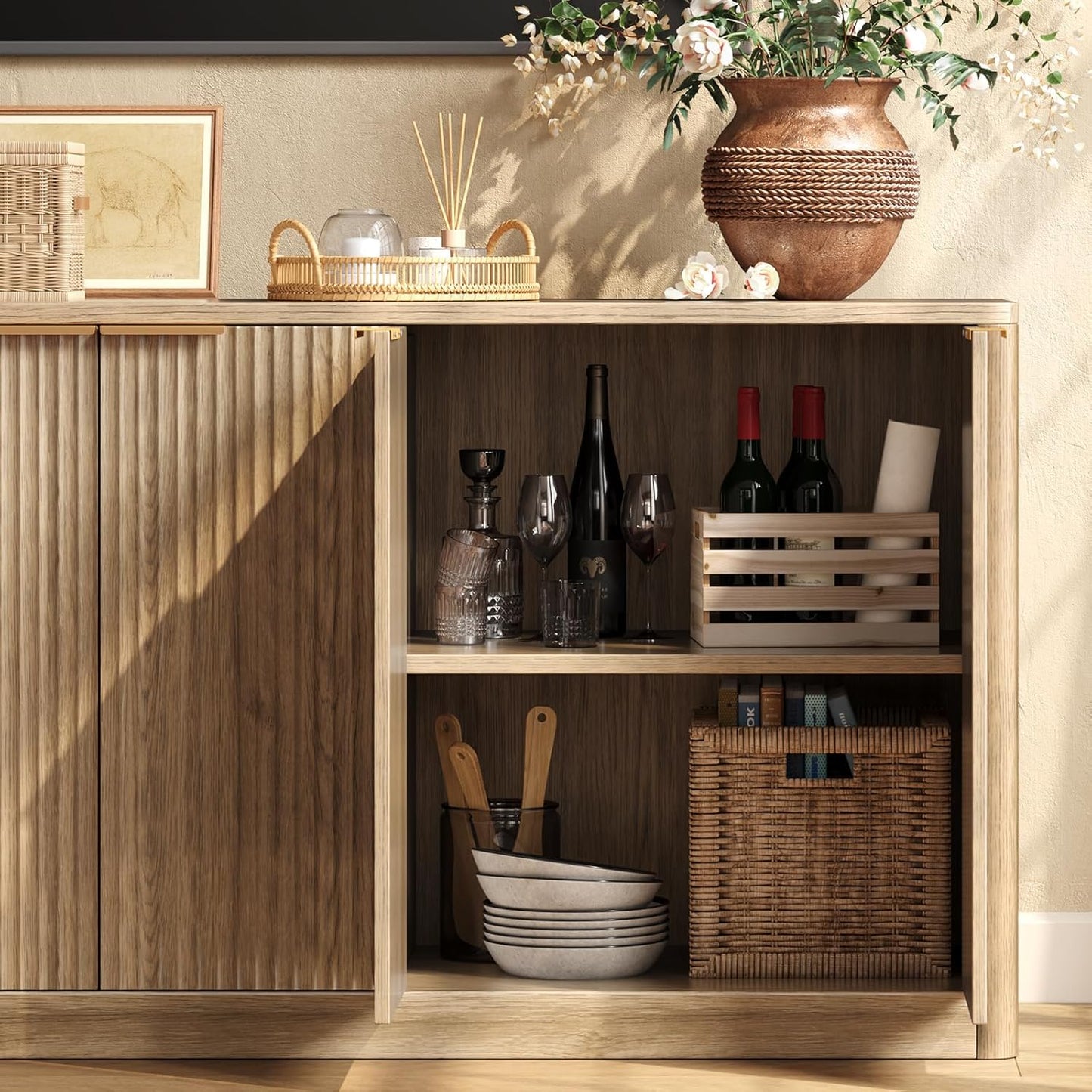 Evermagin 67" Fluted Oak Buffet Cabinet Sideboard with Storage, Large Credenza with 6 Doors, Wood Mid Century Modern Sideboard for Kitchen and Living Room (67"*31.5"*15.7")