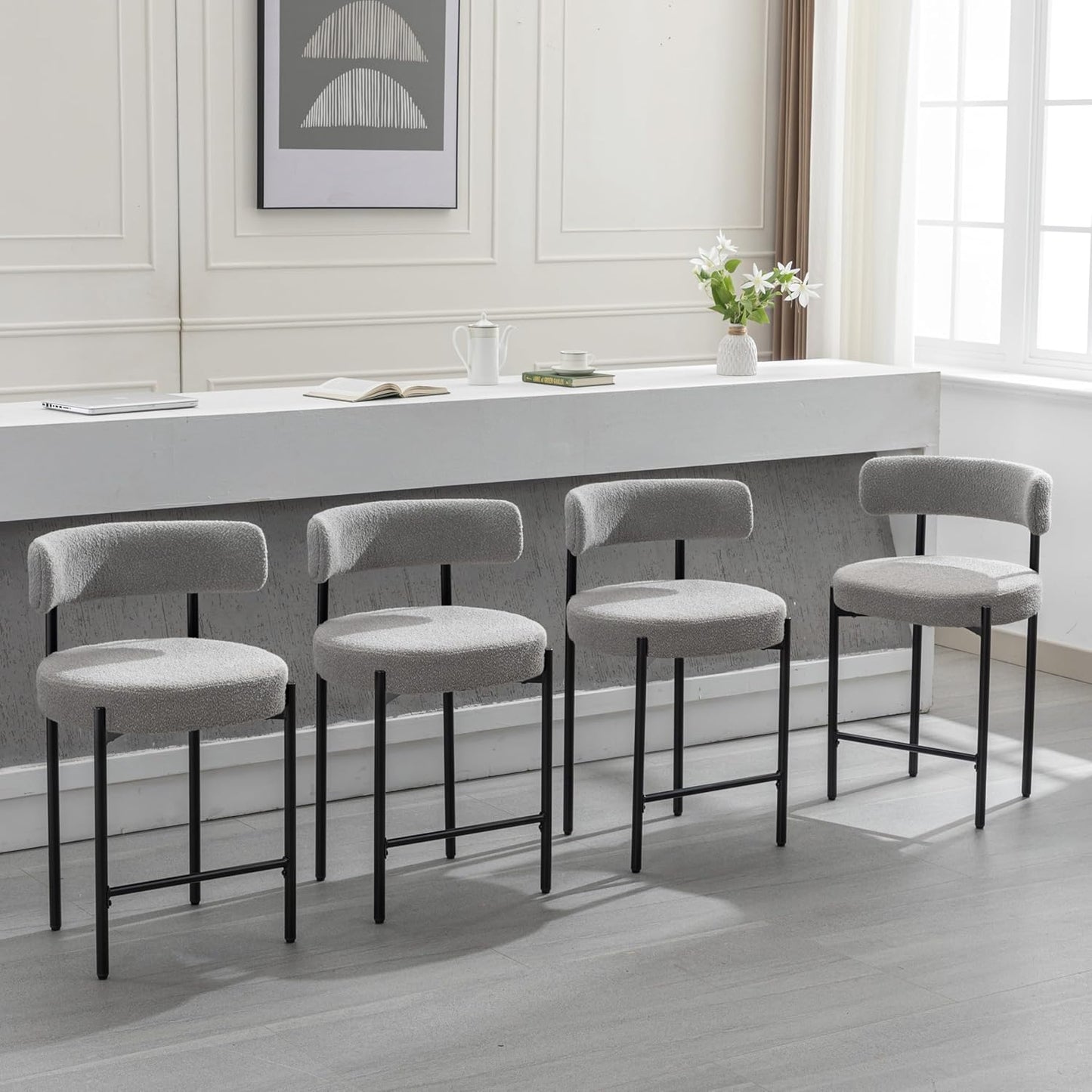 Counter Height Bar Stools Set of 3, 24'' Faux Leather Bar Stools with Back, Mid-Century Modern Bar Chairs for Kitchen Island, Dining Room, Vegan Leather, Grey