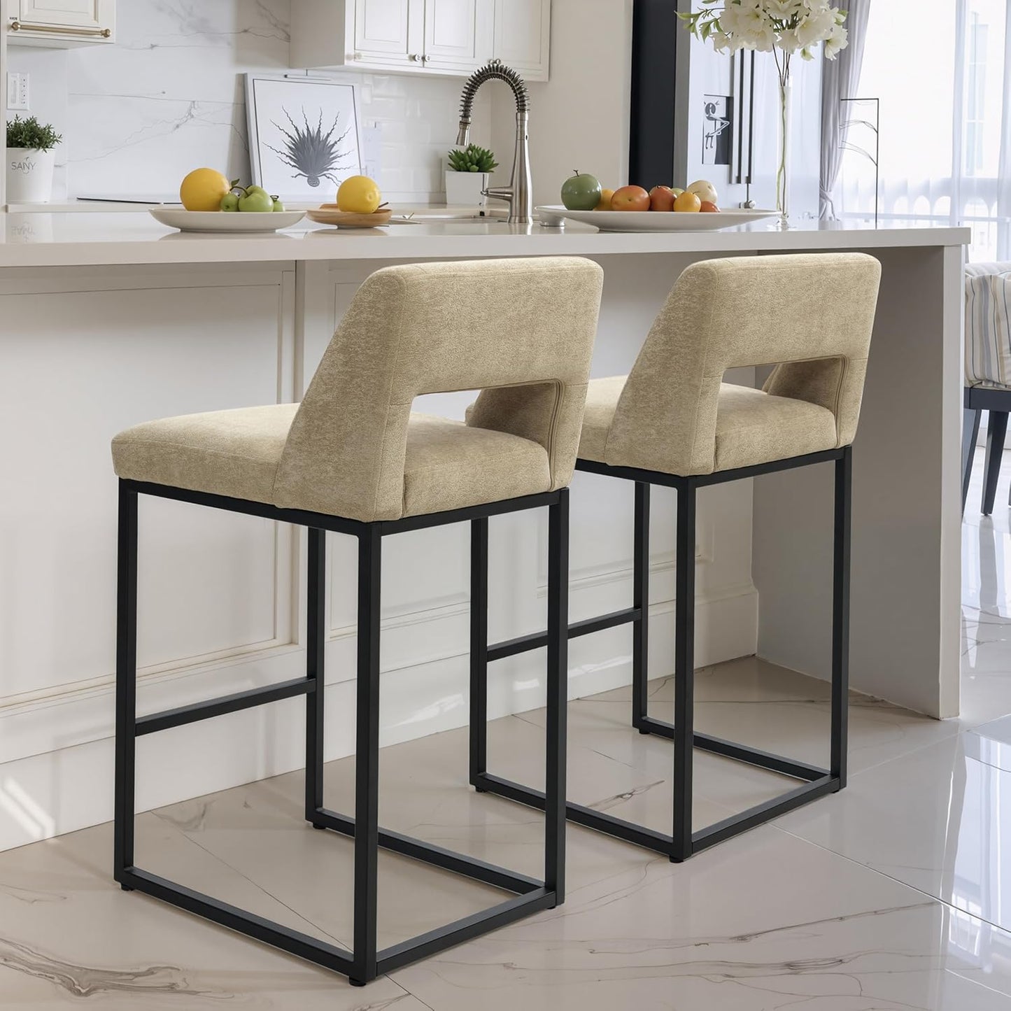 Counter Height Bar Stools Set of 4 for Kitchen Counter Modern Bar Chairs with Backs 26 Inch for Kitchen Island with Upholstered Faux Leather Seat and Metal Frame, Beige