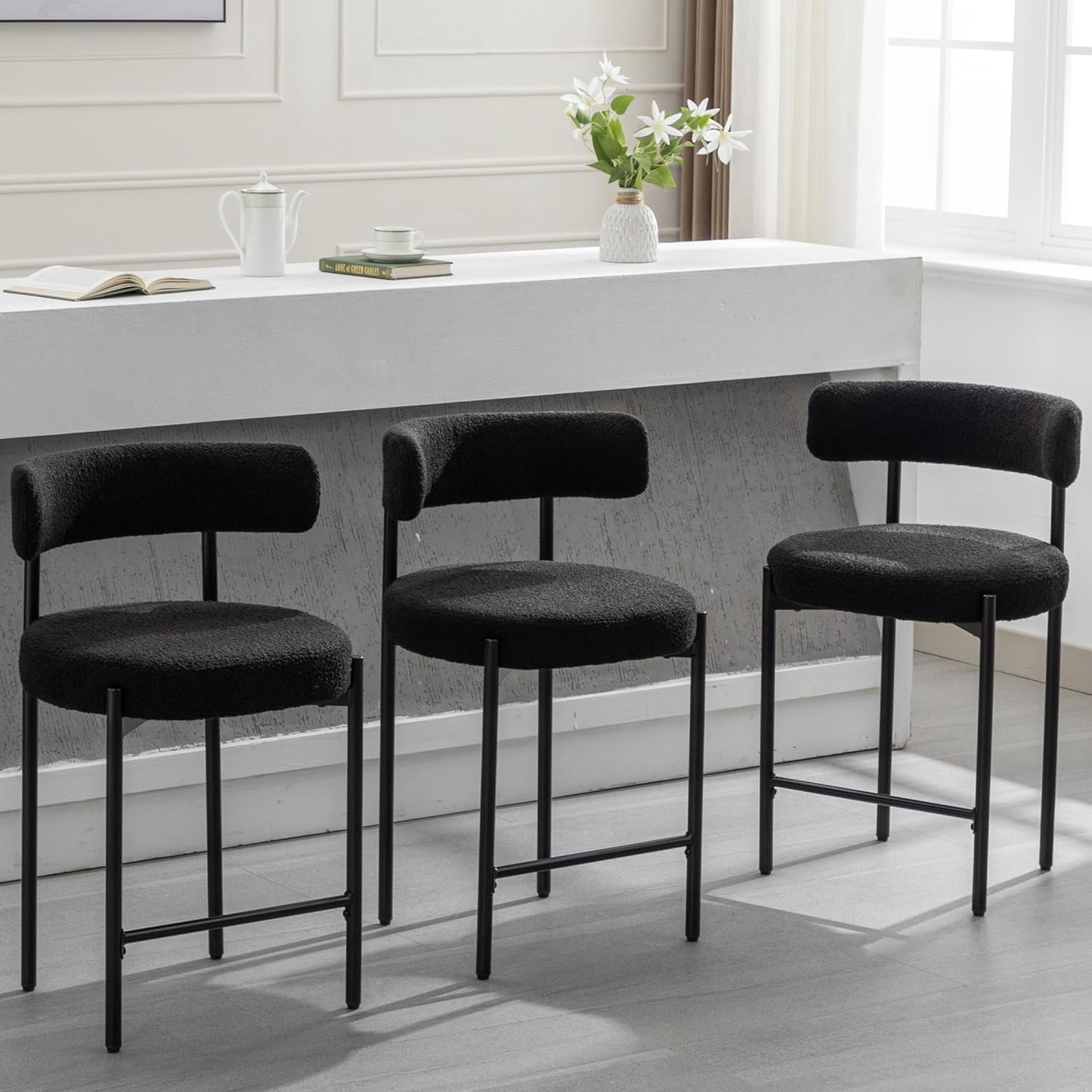 Counter Height Bar Stools Set of 3, 24'' Faux Leather Bar Stools with Back, Mid-Century Modern Bar Chairs for Kitchen Island, Dining Room, Vegan Leather, Grey