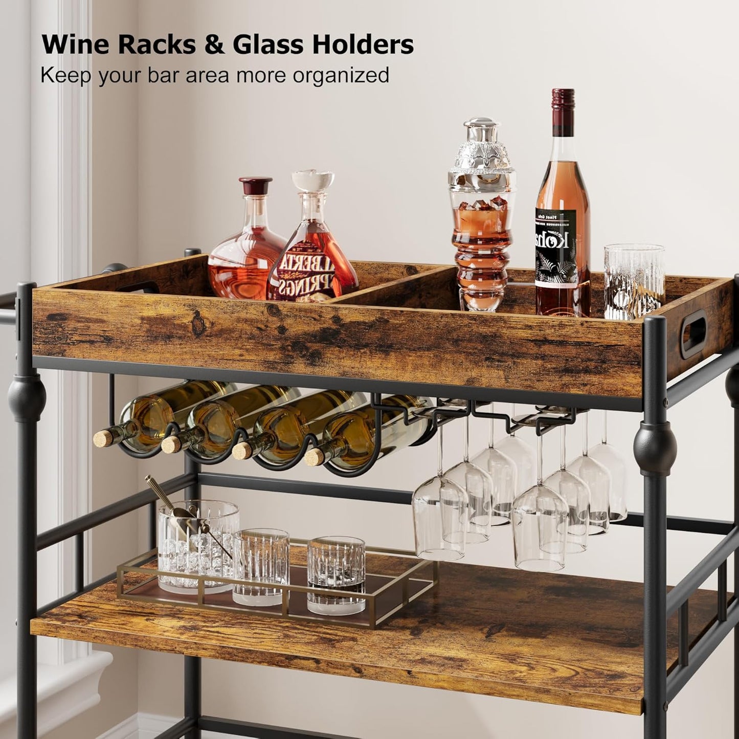 Bar Cart, Bar Carts for The Home, 3 Tier Serving Cart With Wheels, Home Bar & Serving Carts, Metal Rolling Cart With Wine Rack & Removable Tray for Kitchen, Dining Room, Living Room-Retro Brown