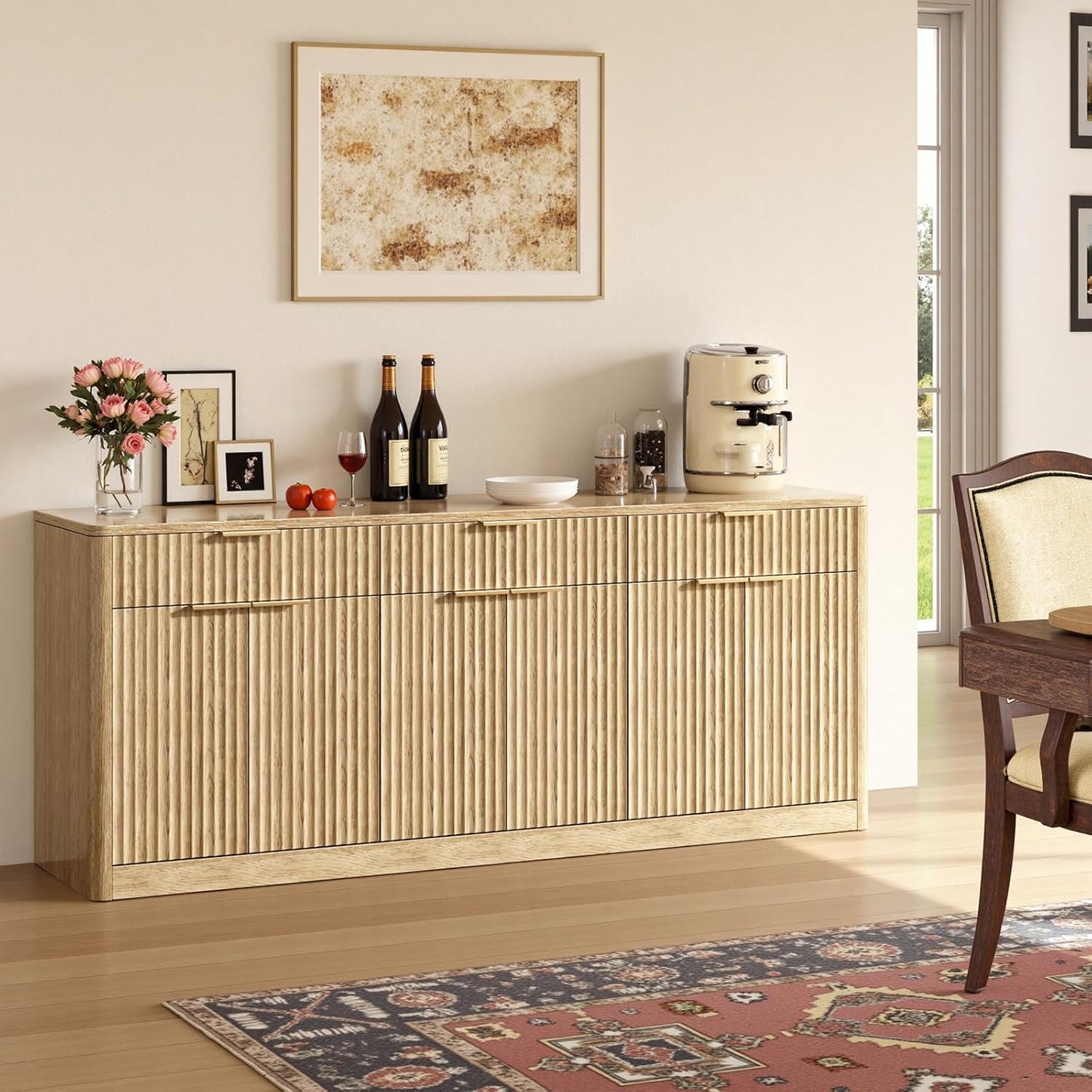 Evermagin 67" Fluted Oak Buffet Cabinet Sideboard with Storage, Large Credenza with 6 Doors, Wood Mid Century Modern Sideboard for Kitchen and Living Room (67"*31.5"*15.7")