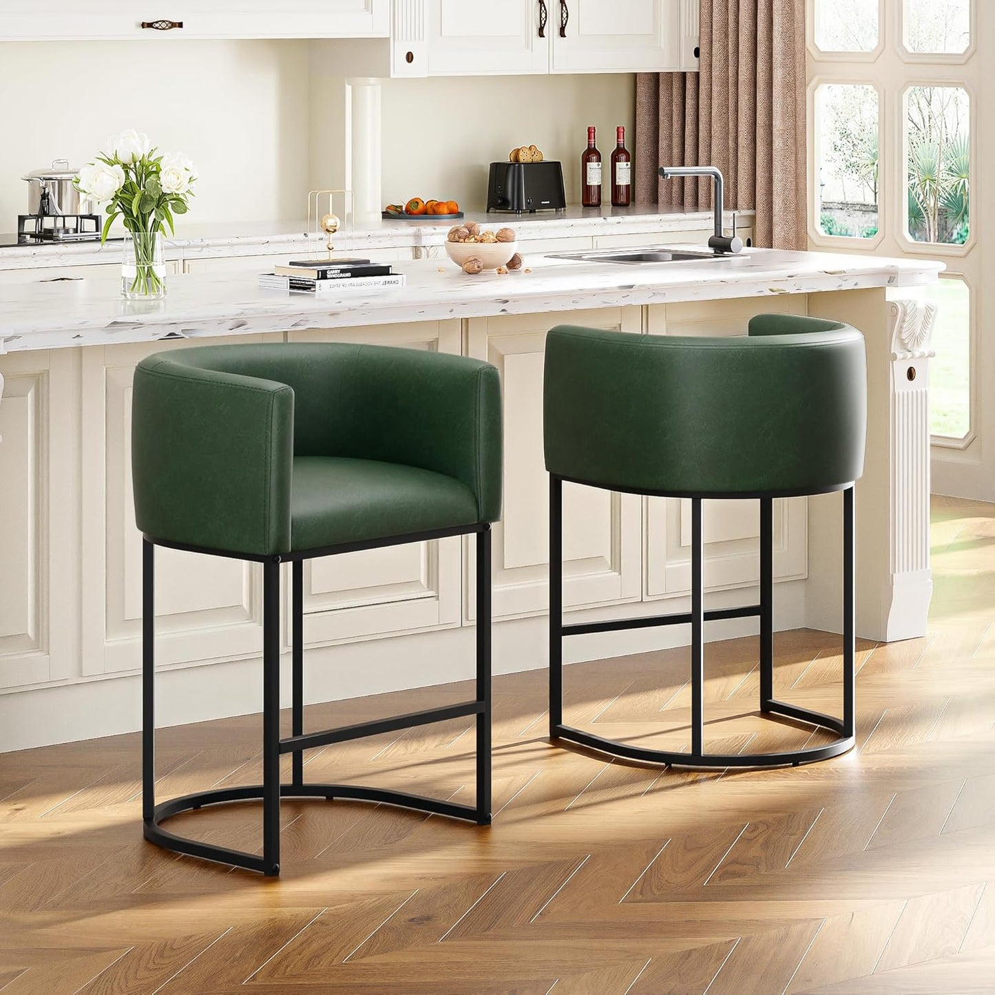26" H Counter Height Bar Stools Set of 3, Modern Barrel Counter Stools with Backrest and Arms, Faux Leather Upholstered Accent Barstools for Kitchen Island,Support 450 LBS（Walnut Brown）