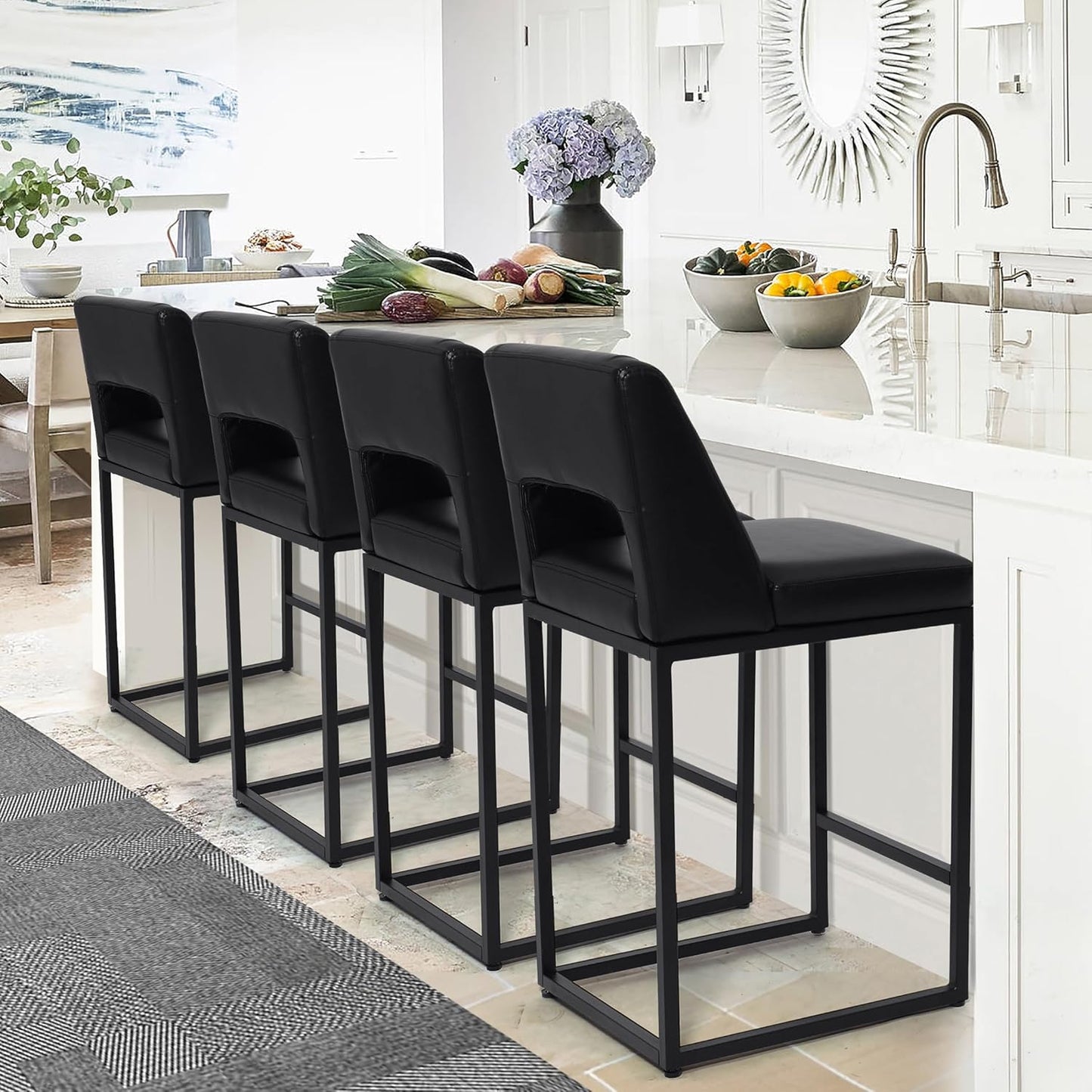 Counter Height Bar Stools Set of 4 for Kitchen Counter Modern Bar Chairs with Backs 26 Inch for Kitchen Island with Upholstered Faux Leather Seat and Metal Frame, Beige