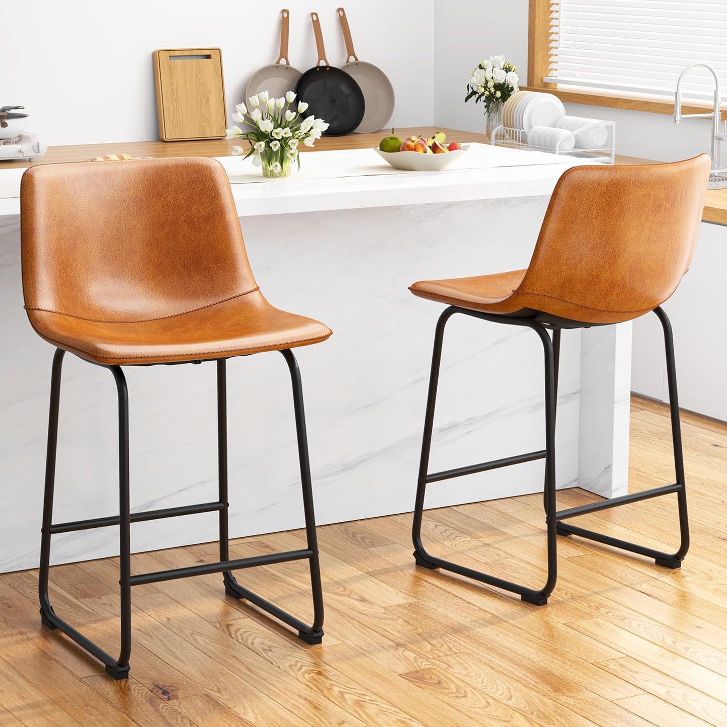 Bar Stools Set of 4, PU Leather Counter Height Bar Stools, 26" Modern Barstools with Metal Legs and Footrest, Urban Armless Dining Chairs with Backrest for Kitchen Island (Brown)