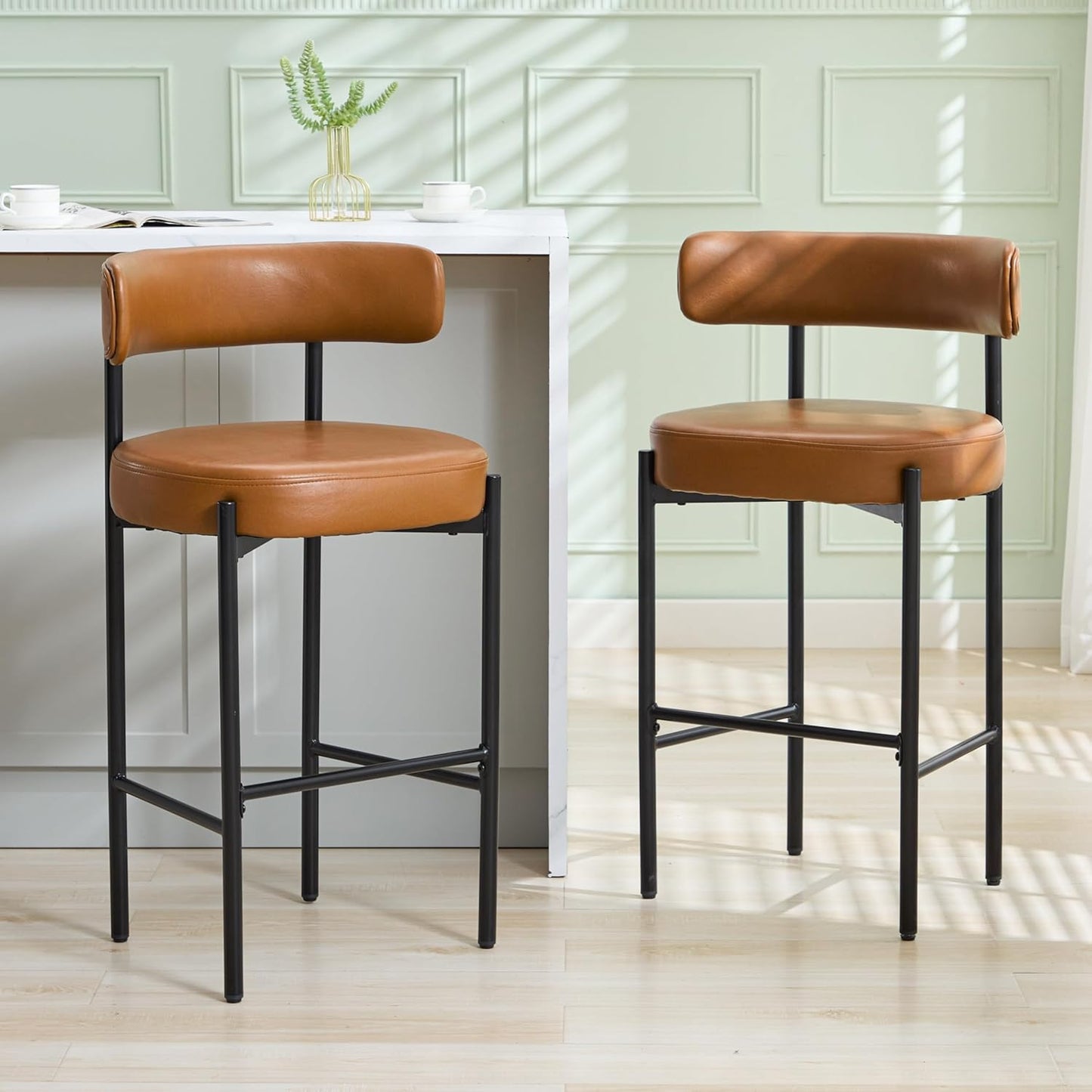 Counter Height Bar Stools Set of 3, 24'' Faux Leather Bar Stools with Back, Mid-Century Modern Bar Chairs for Kitchen Island, Dining Room, Vegan Leather, Grey