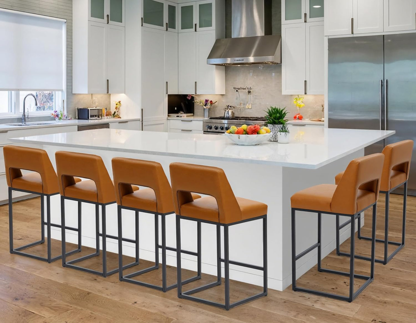 Counter Height Bar Stools Set of 4 for Kitchen Counter Modern Bar Chairs with Backs 26 Inch for Kitchen Island with Upholstered Faux Leather Seat and Metal Frame, Beige