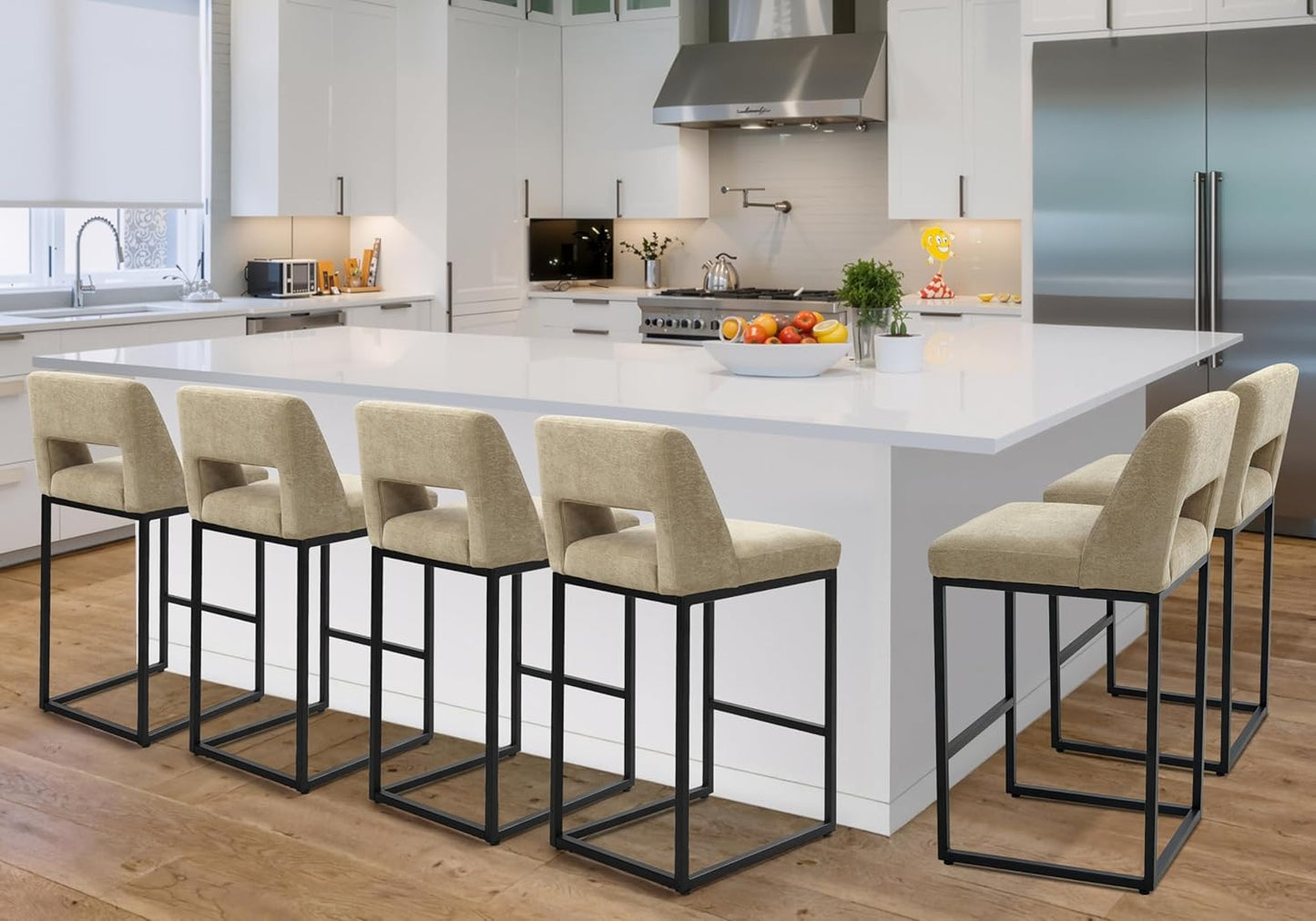 Counter Height Bar Stools Set of 4 for Kitchen Counter Modern Bar Chairs with Backs 26 Inch for Kitchen Island with Upholstered Faux Leather Seat and Metal Frame, Beige