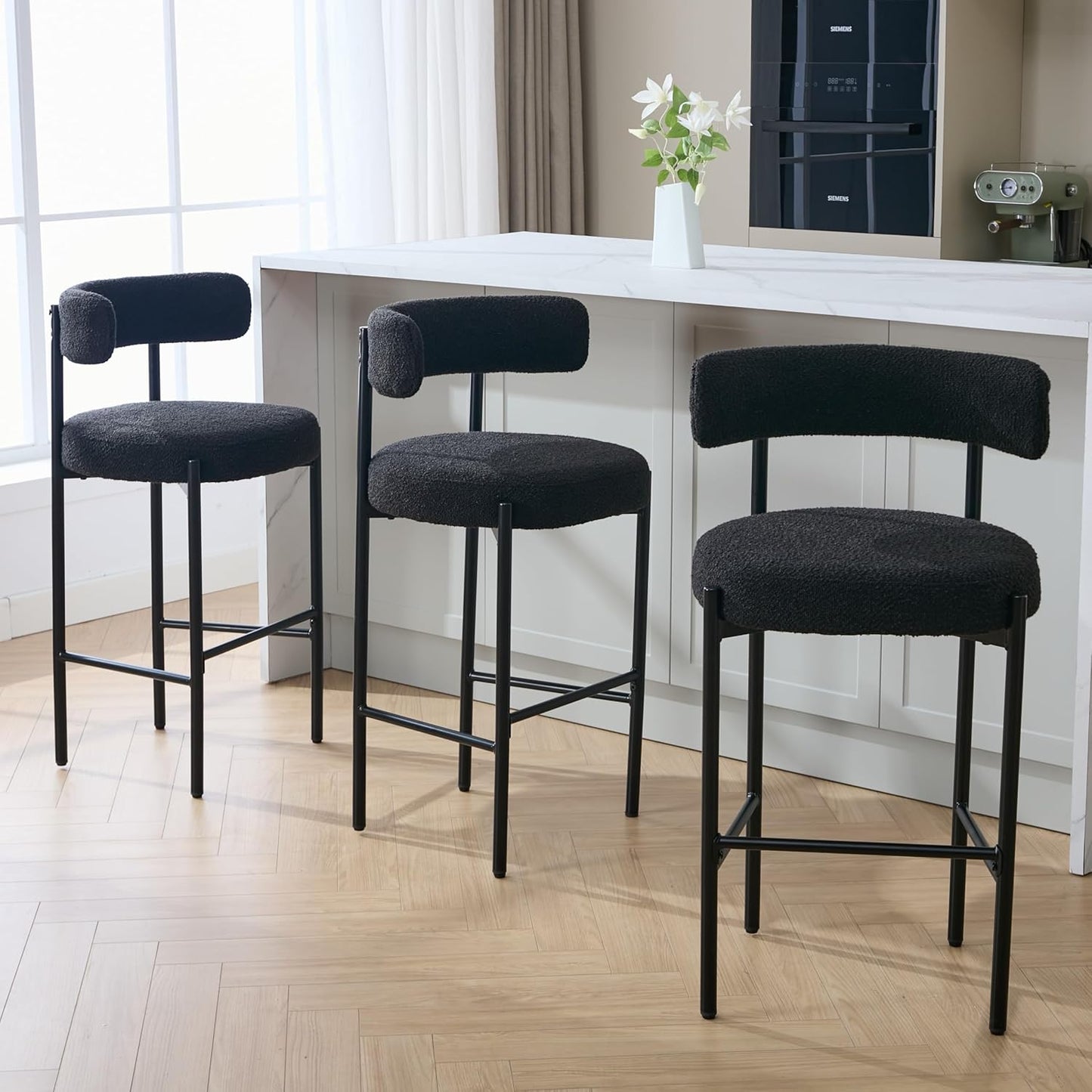 Counter Height Bar Stools Set of 3, 24'' Faux Leather Bar Stools with Back, Mid-Century Modern Bar Chairs for Kitchen Island, Dining Room, Vegan Leather, Grey