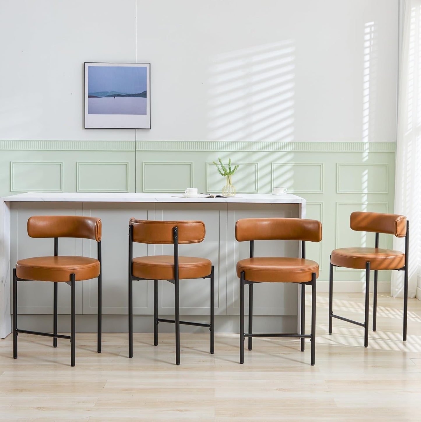 Counter Height Bar Stools Set of 3, 24'' Faux Leather Bar Stools with Back, Mid-Century Modern Bar Chairs for Kitchen Island, Dining Room, Vegan Leather, Grey