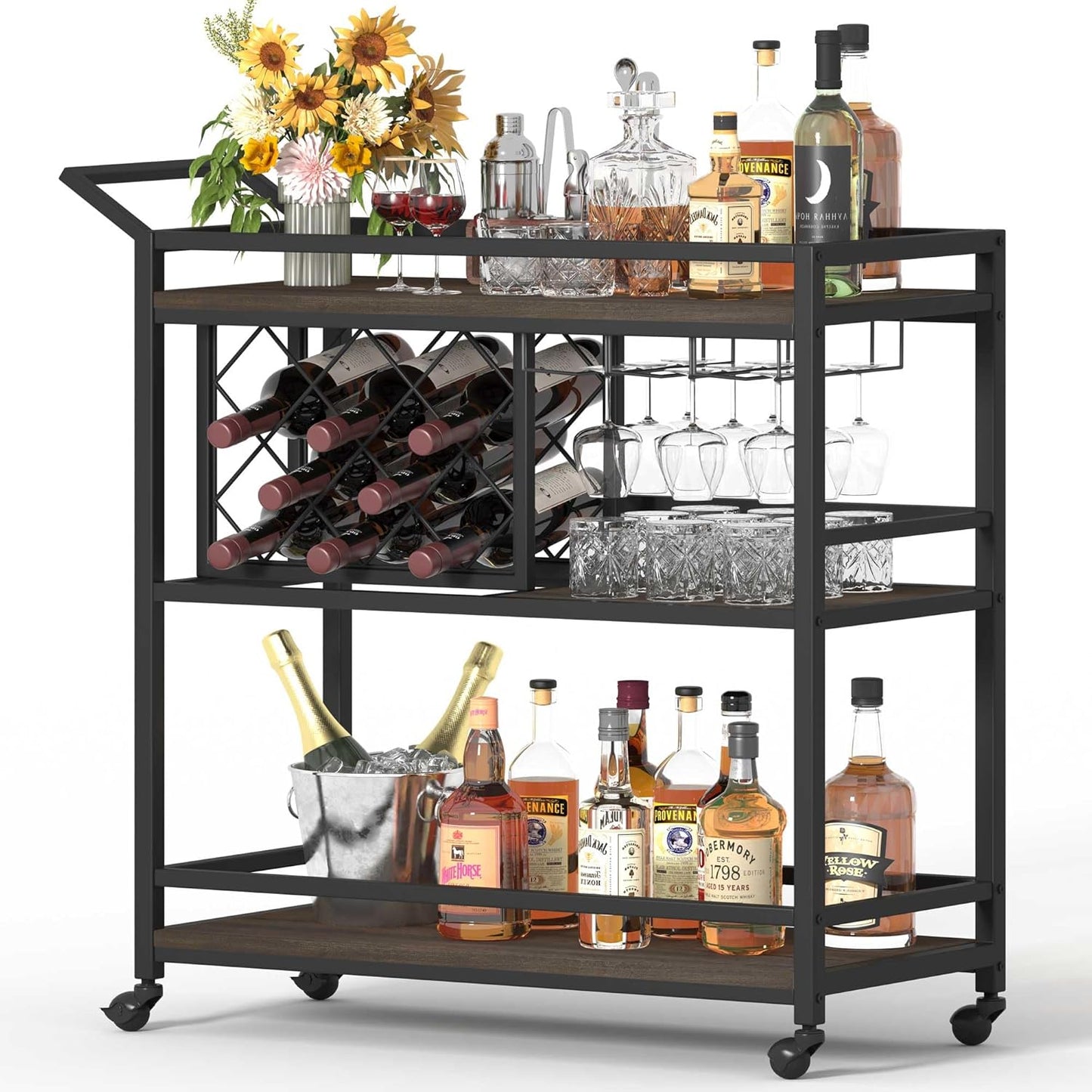 FATORRI Bar Cart Gold, Home Bar Serving Cart with Wine Rack and Glasses Holder, Wine Carts on Wheels with 3 Tier Mirrored Shelves for Liquor and Beverage (Gold)