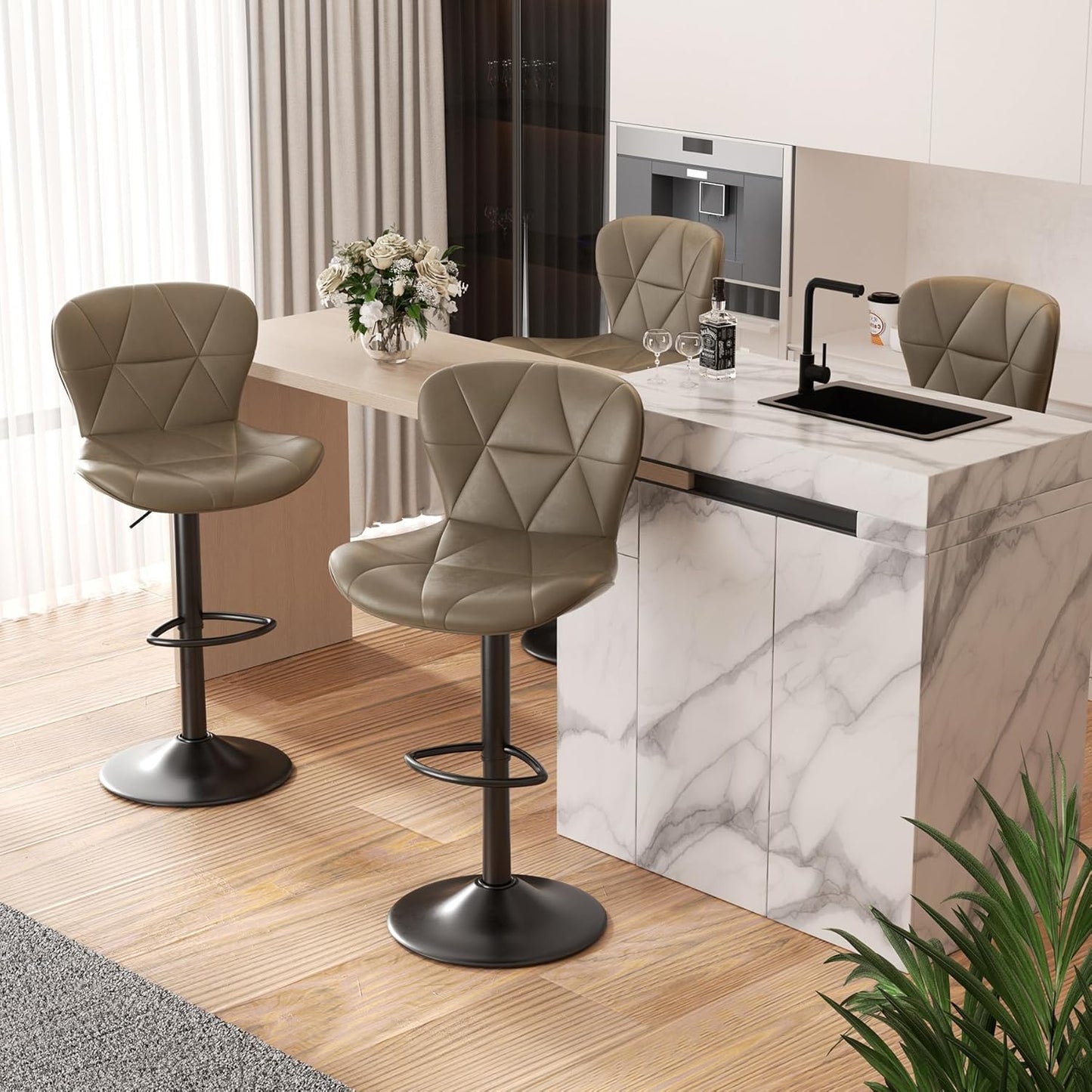 Nalupatio Modern Bar Stools Set of 2, Adjustable Faux Leather Upholstered Swivel Bar Stools, Counter Height Bar Chairs with Back for Kitchen Island, Black