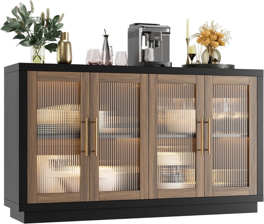 FOTOSOK Buffet Cabinet with Storage, 55.1" Large Sideboard Buffet Table, Modern Sideboard Kitchen Cabinet with 4 Fluted Glass Doors, Wood Coffee Ba for Kitchen Dining Room, Black/Brown