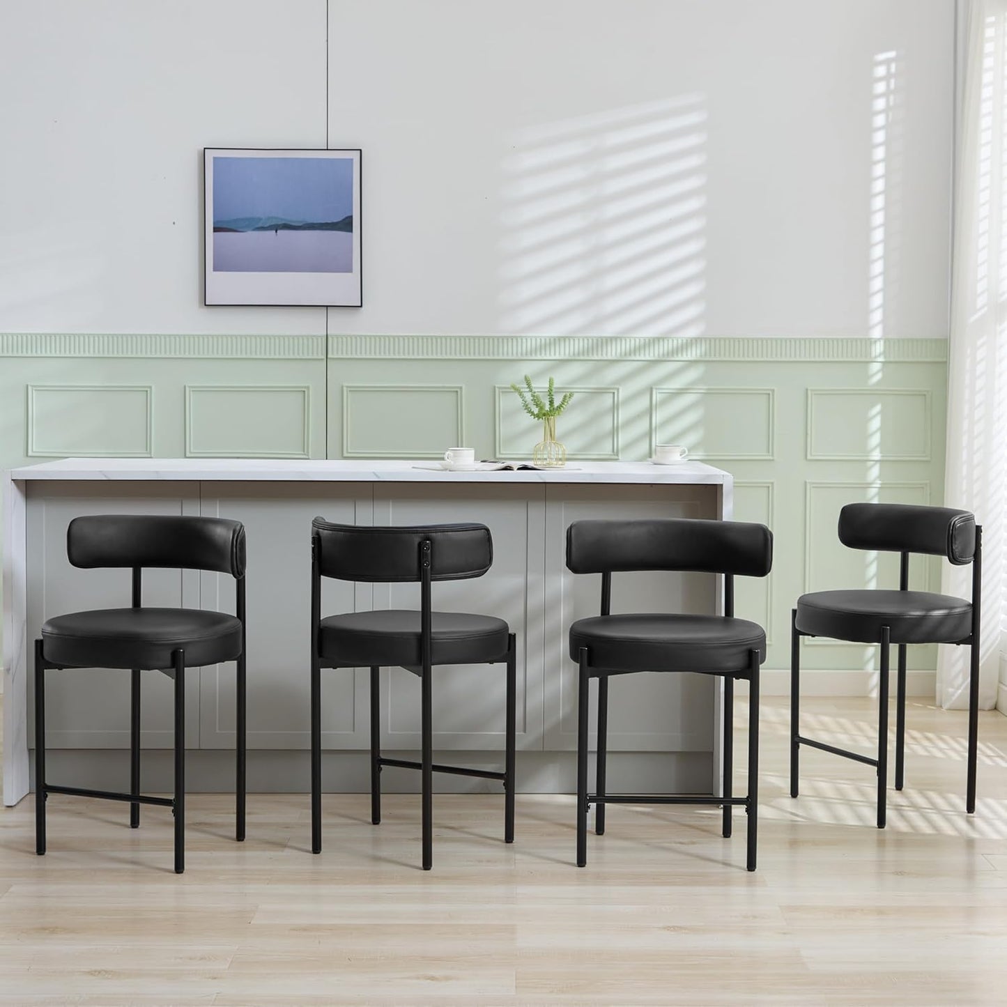 Counter Height Bar Stools Set of 3, 24'' Faux Leather Bar Stools with Back, Mid-Century Modern Bar Chairs for Kitchen Island, Dining Room, Vegan Leather, Grey