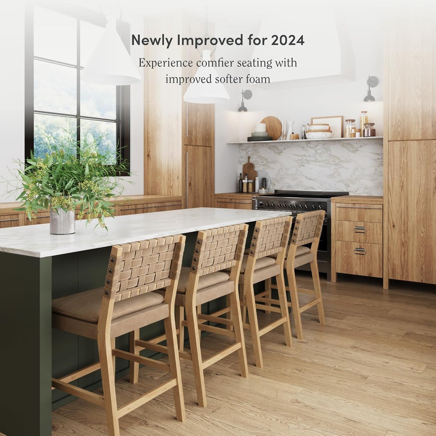 Nathan James Cohen Mid-Century Modern Leather Bar Stool, Counter Height Chair in Solid Wood Frame with Footrest and Woven Leather Back for Kitchen, Natural Brown, Set of 2