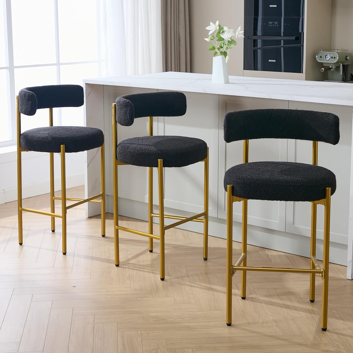 Counter Height Bar Stools Set of 3, 24'' Faux Leather Bar Stools with Back, Mid-Century Modern Bar Chairs for Kitchen Island, Dining Room, Vegan Leather, Grey