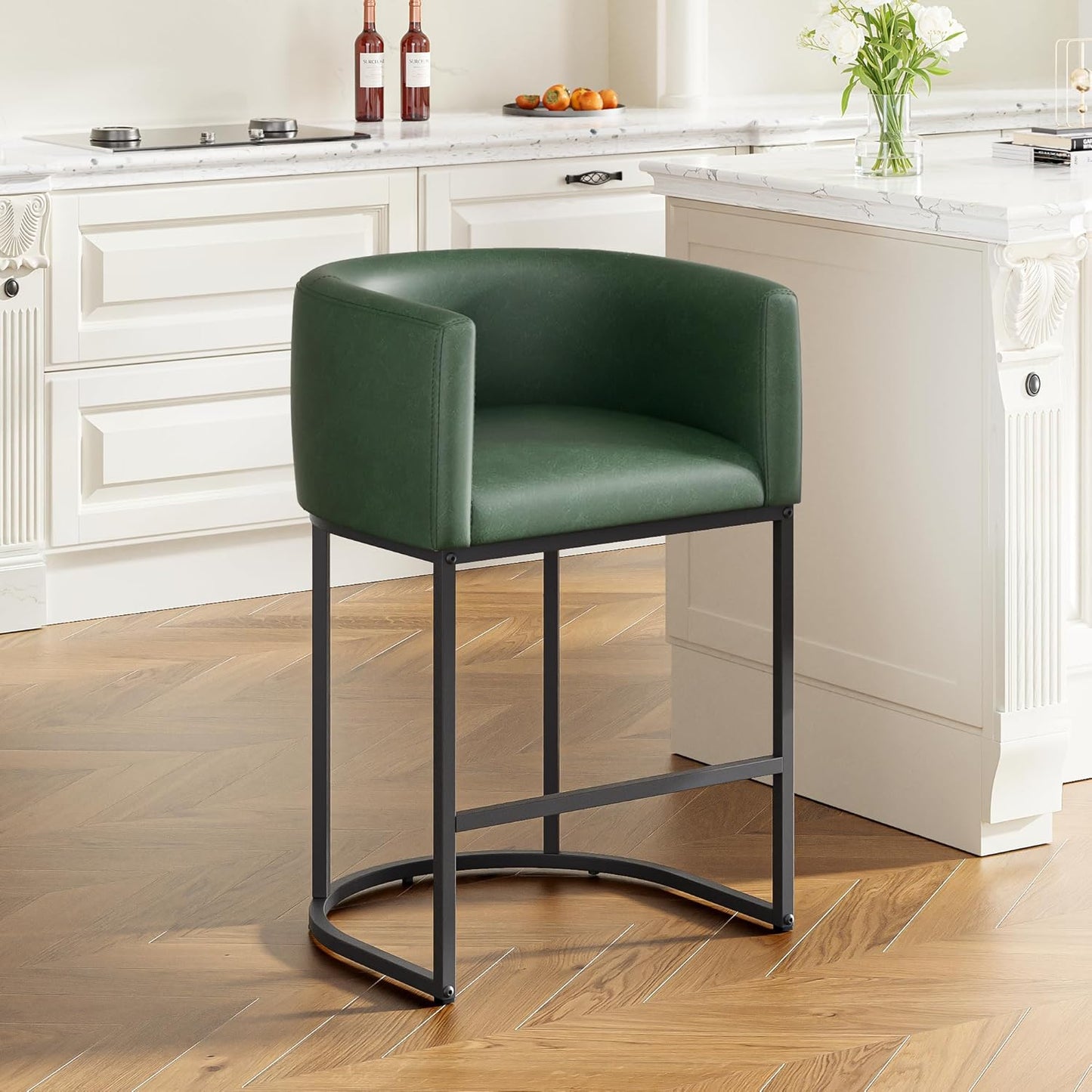 26" H Counter Height Bar Stools Set of 3, Modern Barrel Counter Stools with Backrest and Arms, Faux Leather Upholstered Accent Barstools for Kitchen Island,Support 450 LBS（Walnut Brown）