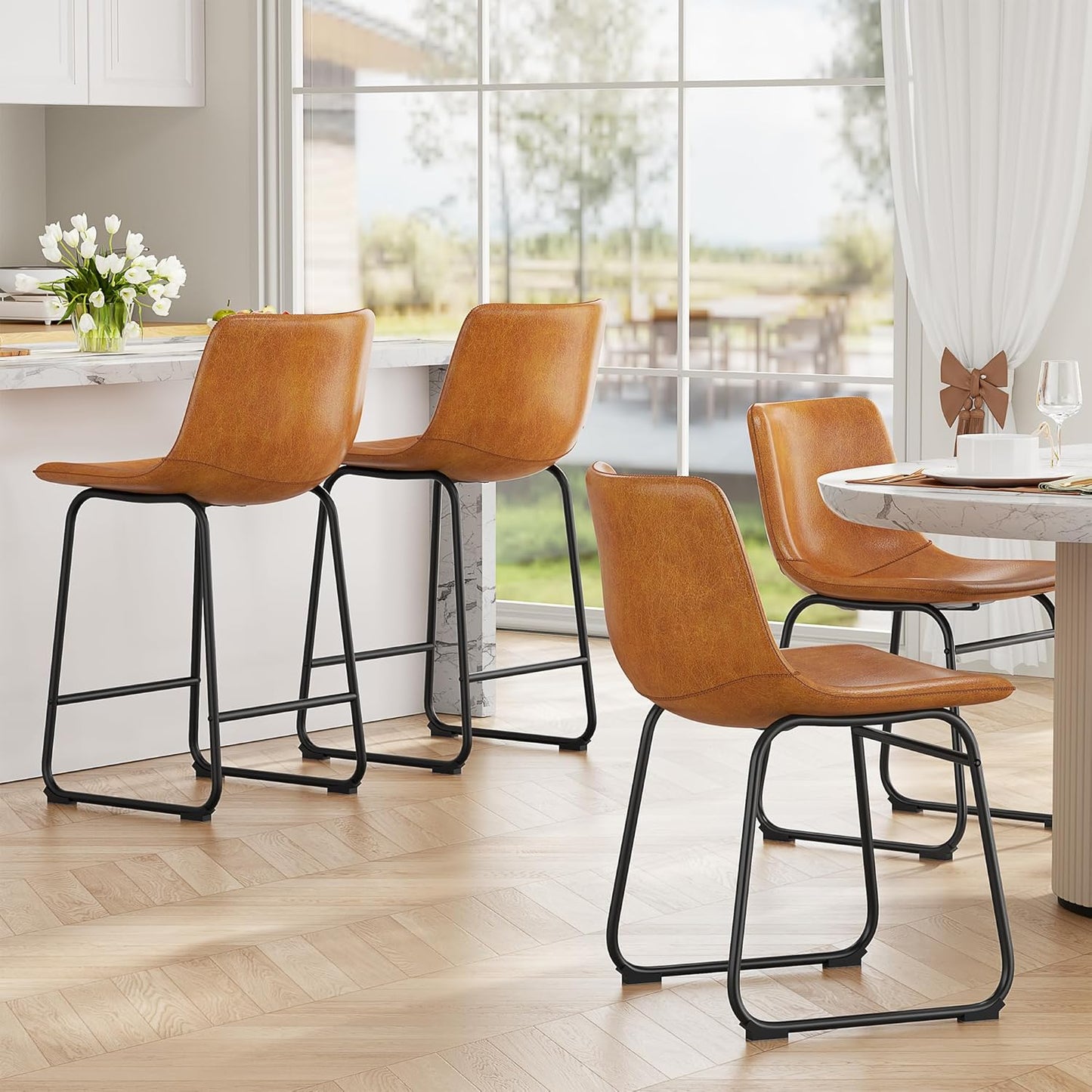 Bar Stools Set of 4, PU Leather Counter Height Bar Stools, 26" Modern Barstools with Metal Legs and Footrest, Urban Armless Dining Chairs with Backrest for Kitchen Island (Brown)
