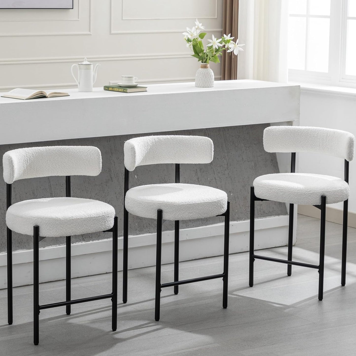 Counter Height Bar Stools Set of 3, 24'' Faux Leather Bar Stools with Back, Mid-Century Modern Bar Chairs for Kitchen Island, Dining Room, Vegan Leather, Grey