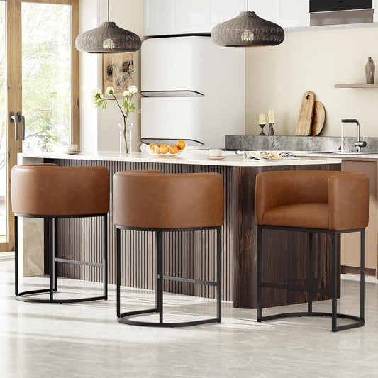 26" H Counter Height Bar Stools Set of 3, Modern Barrel Counter Stools with Backrest and Arms, Faux Leather Upholstered Accent Barstools for Kitchen Island,Support 450 LBS（Walnut Brown）