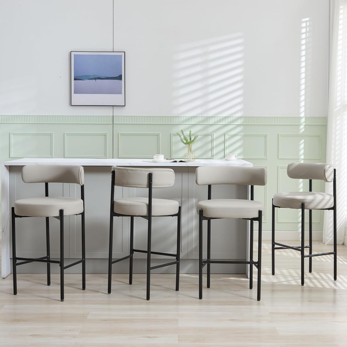 Counter Height Bar Stools Set of 3, 24'' Faux Leather Bar Stools with Back, Mid-Century Modern Bar Chairs for Kitchen Island, Dining Room, Vegan Leather, Grey