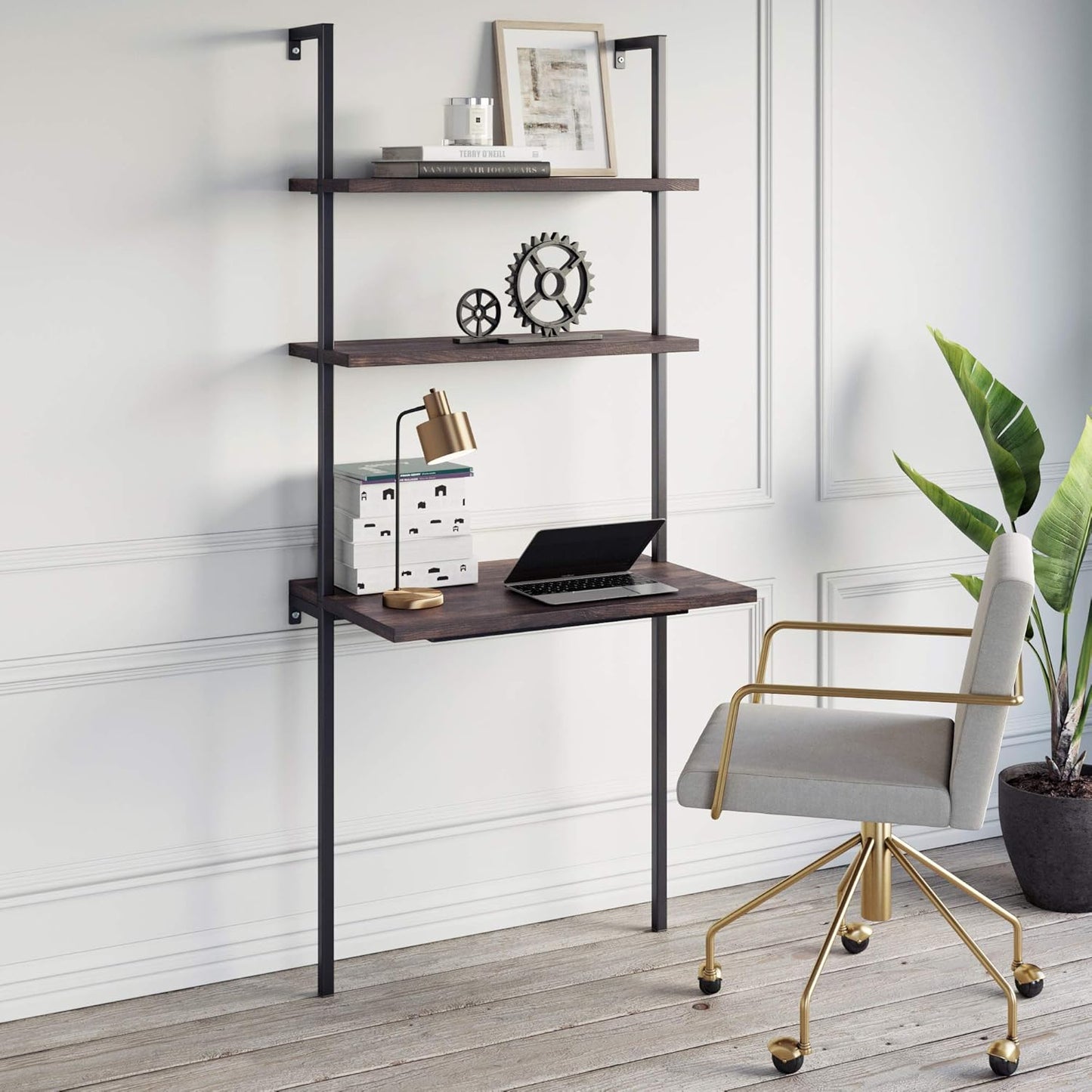 Nathan James Theo 2-Shelf Industrial Wall Mount Ladder, Small Computer or Writing Desk, Rustic Oak/White