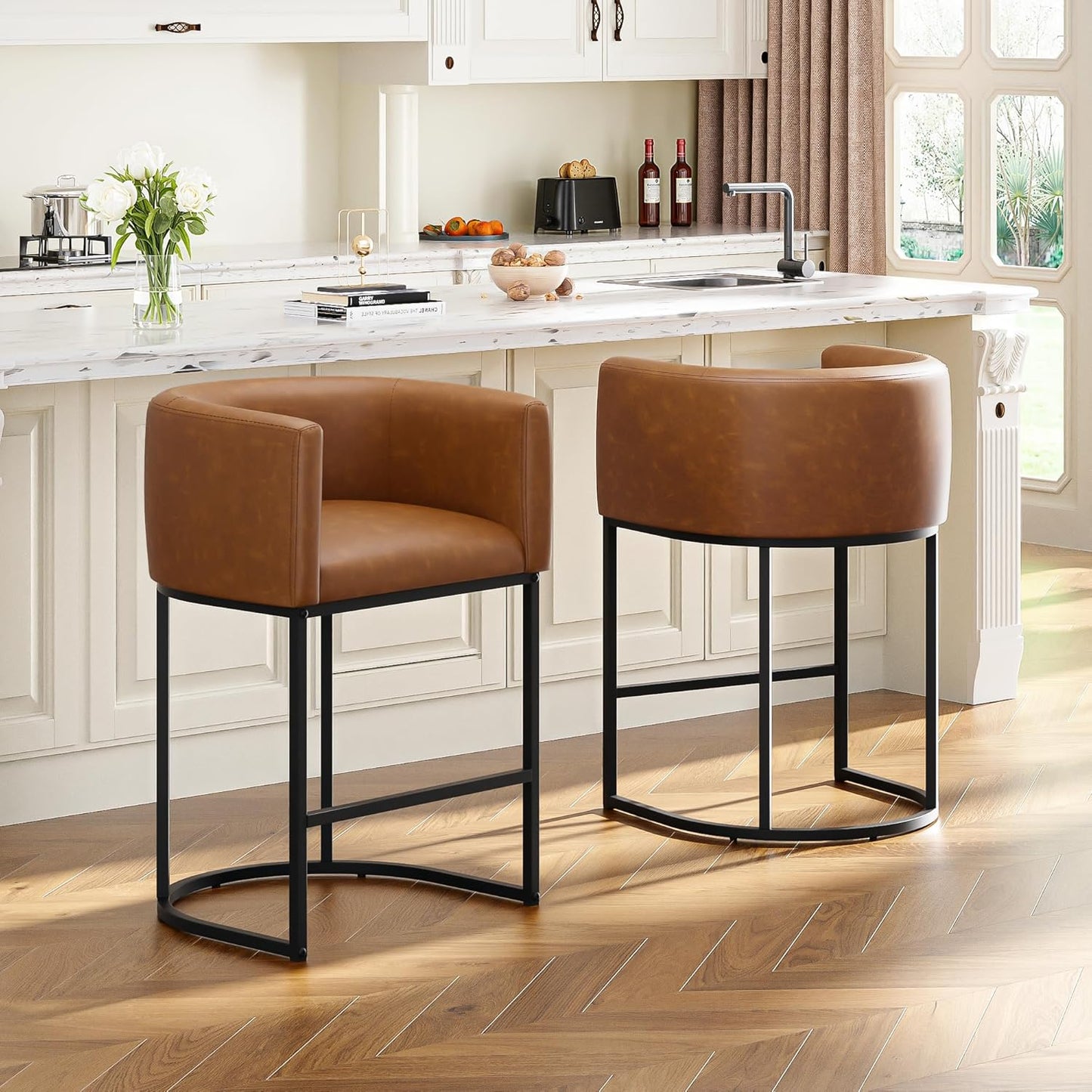 26" H Counter Height Bar Stools Set of 3, Modern Barrel Counter Stools with Backrest and Arms, Faux Leather Upholstered Accent Barstools for Kitchen Island,Support 450 LBS（Walnut Brown）