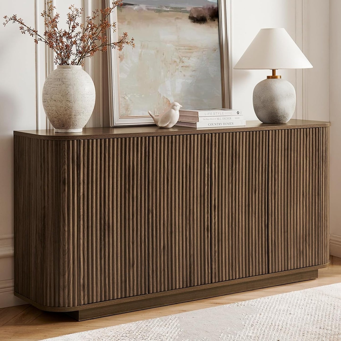 64" Buffet Sideboard Cabinet with Storage, Modern Fluted Accent Credenza with Adjustable Shelves, Wood Coffee Bar Console Table for Living Room Kitchen Dining Room Hallway, 24" H, Walnut