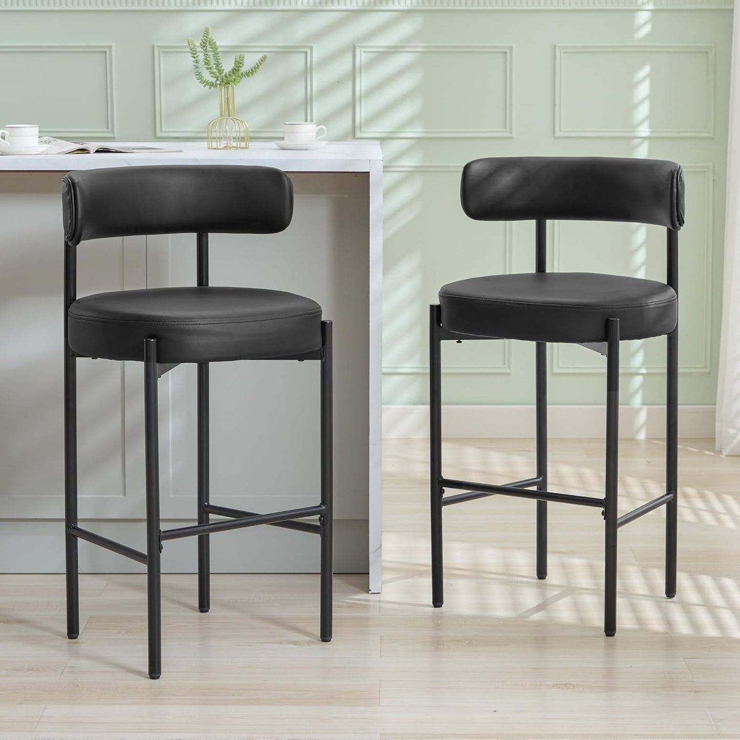 Counter Height Bar Stools Set of 3, 24'' Faux Leather Bar Stools with Back, Mid-Century Modern Bar Chairs for Kitchen Island, Dining Room, Vegan Leather, Grey