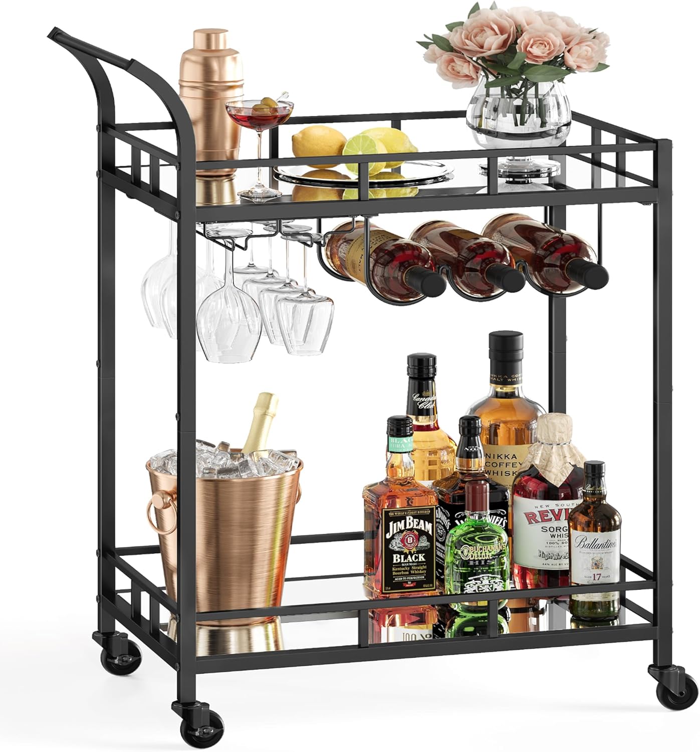 VASAGLE Bar Cart Black, Home Bar Serving Cart, Wine Cart with 2 Mirrored Shelves, Wine Holders, Glass Holders, for Kitchen, Dining Room, Black ULRC090B62