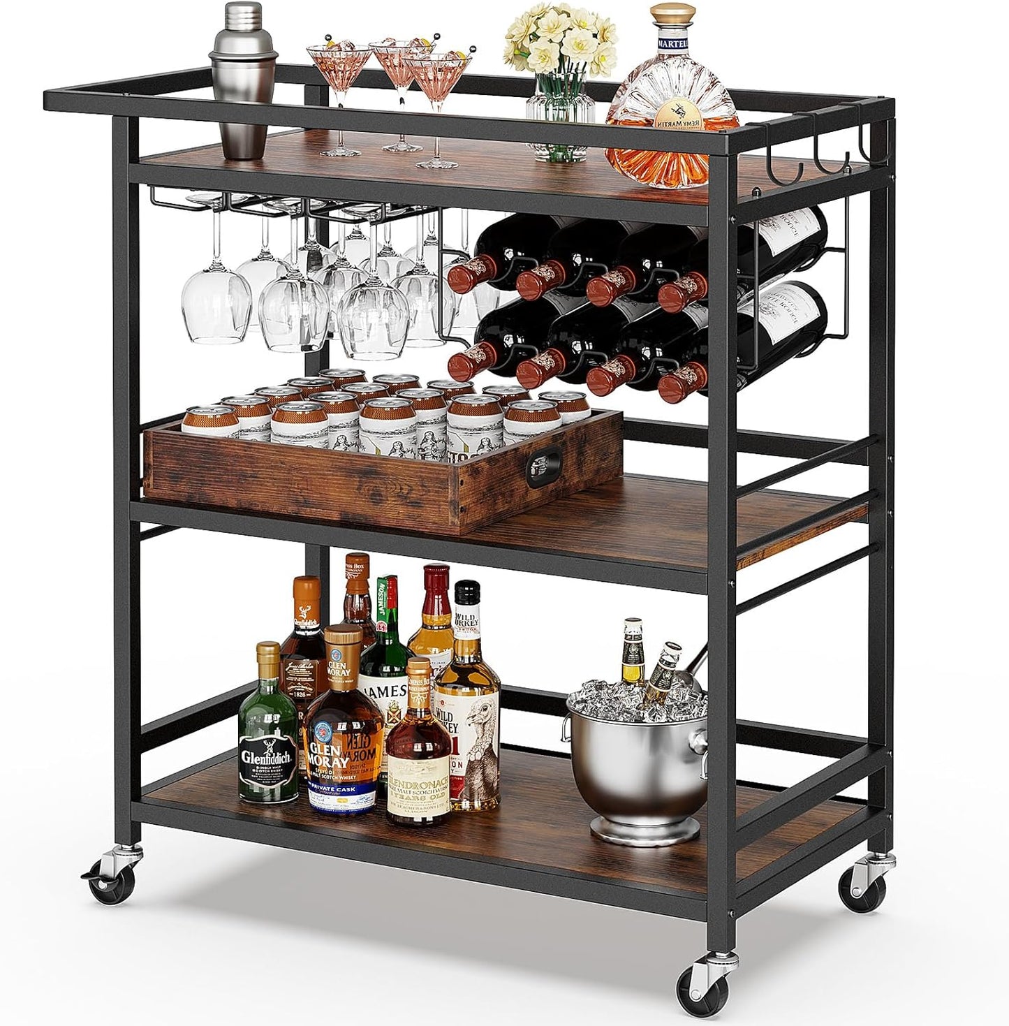 Leteuke Bar Cart for Home, 3 Tier Gold Serving Rolling Carts with Wheels, Drink Cart, Liquor Stand with Marbled Wooden Shelves, Wine Rack and Glass Holder for Kitchen, Dining Room