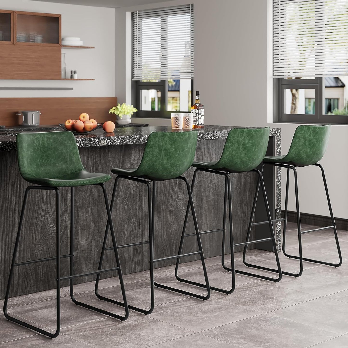 Bar Stools Set of 4, PU Leather Counter Height Bar Stools, 26" Modern Barstools with Metal Legs and Footrest, Urban Armless Dining Chairs with Backrest for Kitchen Island (Brown)