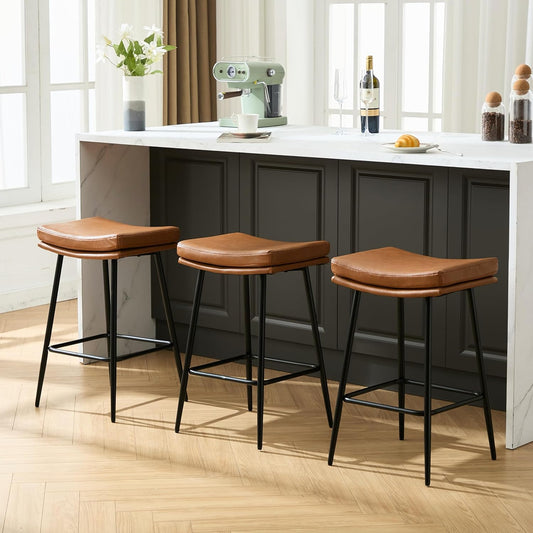 Solstrand Saddle Bar Stools Set of 3,Counter Height Bar Stools for Kitchen Counter Farmhouse Modern Faux Leather Barstools with Upholstered Backless Seat and Solid Metal Legs, 26" Bar Chairs, Brown