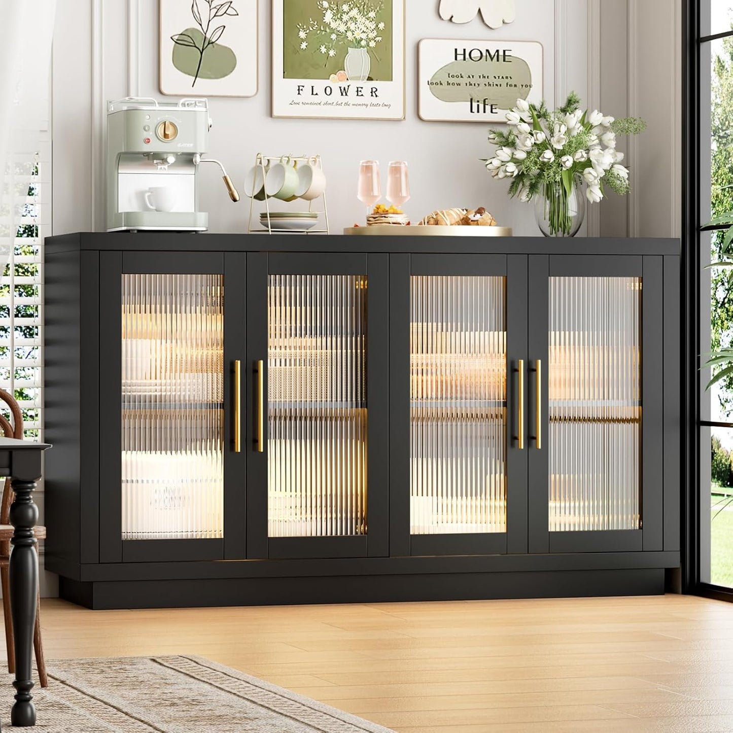 FOTOSOK Buffet Cabinet with Storage, 55.1" Large Sideboard Buffet Table, Modern Sideboard Kitchen Cabinet with 4 Fluted Glass Doors, Wood Coffee Ba for Kitchen Dining Room, Black/Brown