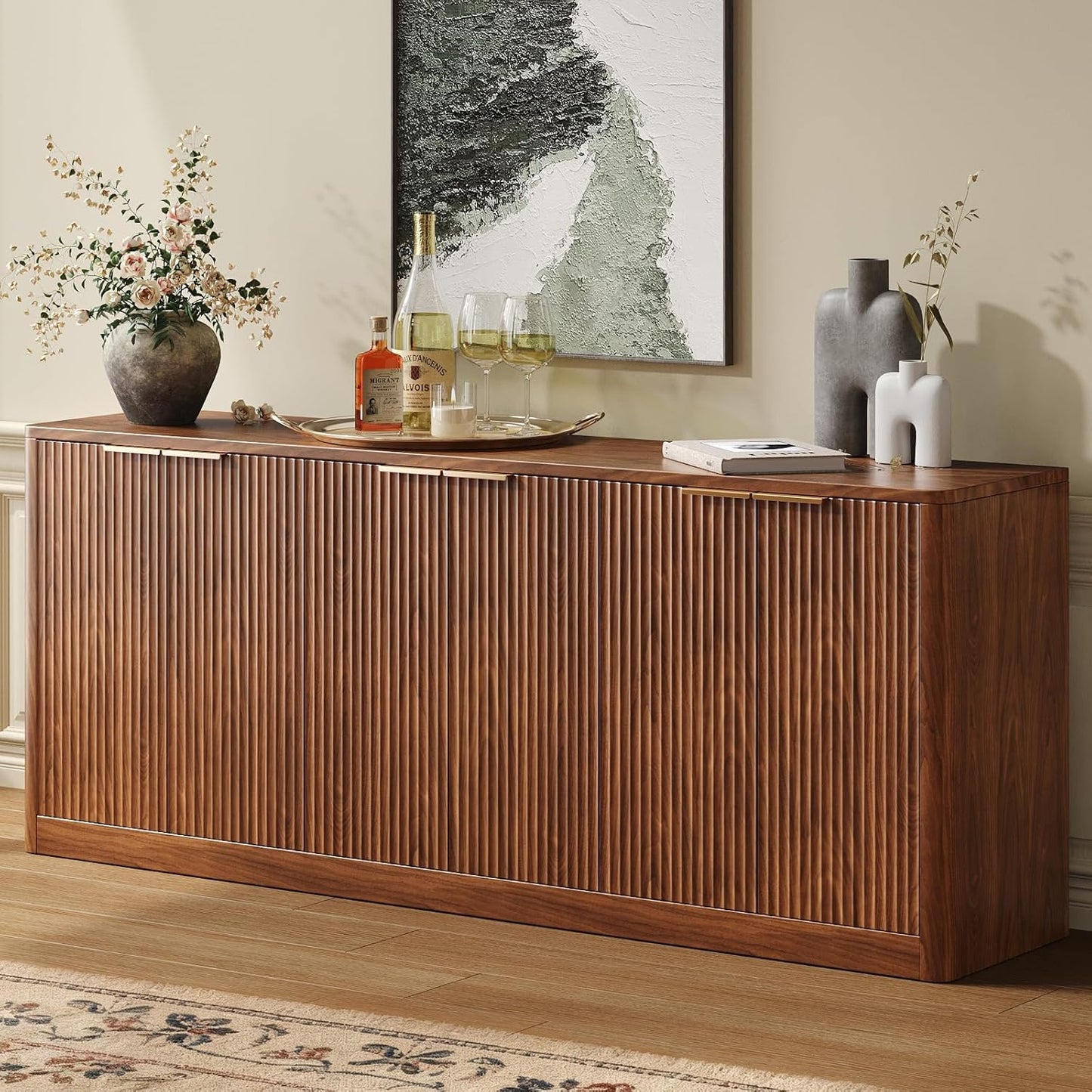 Evermagin 67" Fluted Oak Buffet Cabinet Sideboard with Storage, Large Credenza with 6 Doors, Wood Mid Century Modern Sideboard for Kitchen and Living Room (67"*31.5"*15.7")