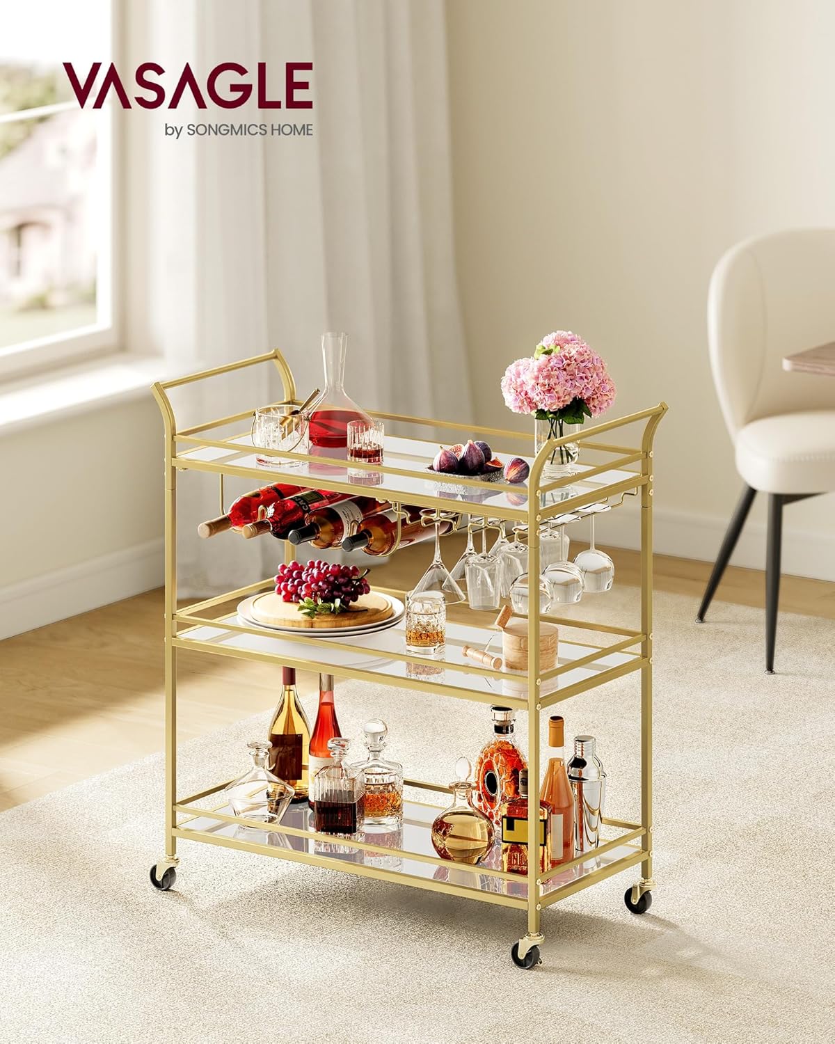 VASAGLE Bar Cart Gold, Large Home Bar Serving Cart with 3-Tier Mirrored Shelf, Wine Holders, Glass Holders, Kitchen, 15 x 33.9 x 35.4 Inches, Gold ULRC083A02