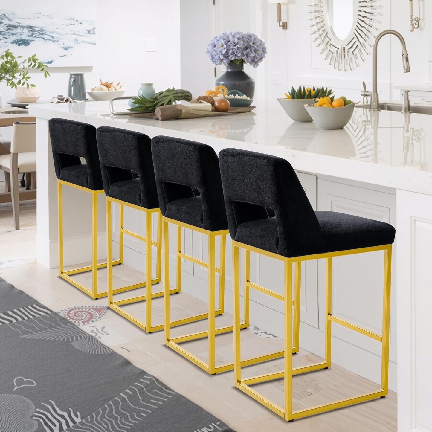 Counter Height Bar Stools Set of 4 for Kitchen Counter Modern Bar Chairs with Backs 26 Inch for Kitchen Island with Upholstered Faux Leather Seat and Metal Frame, Beige