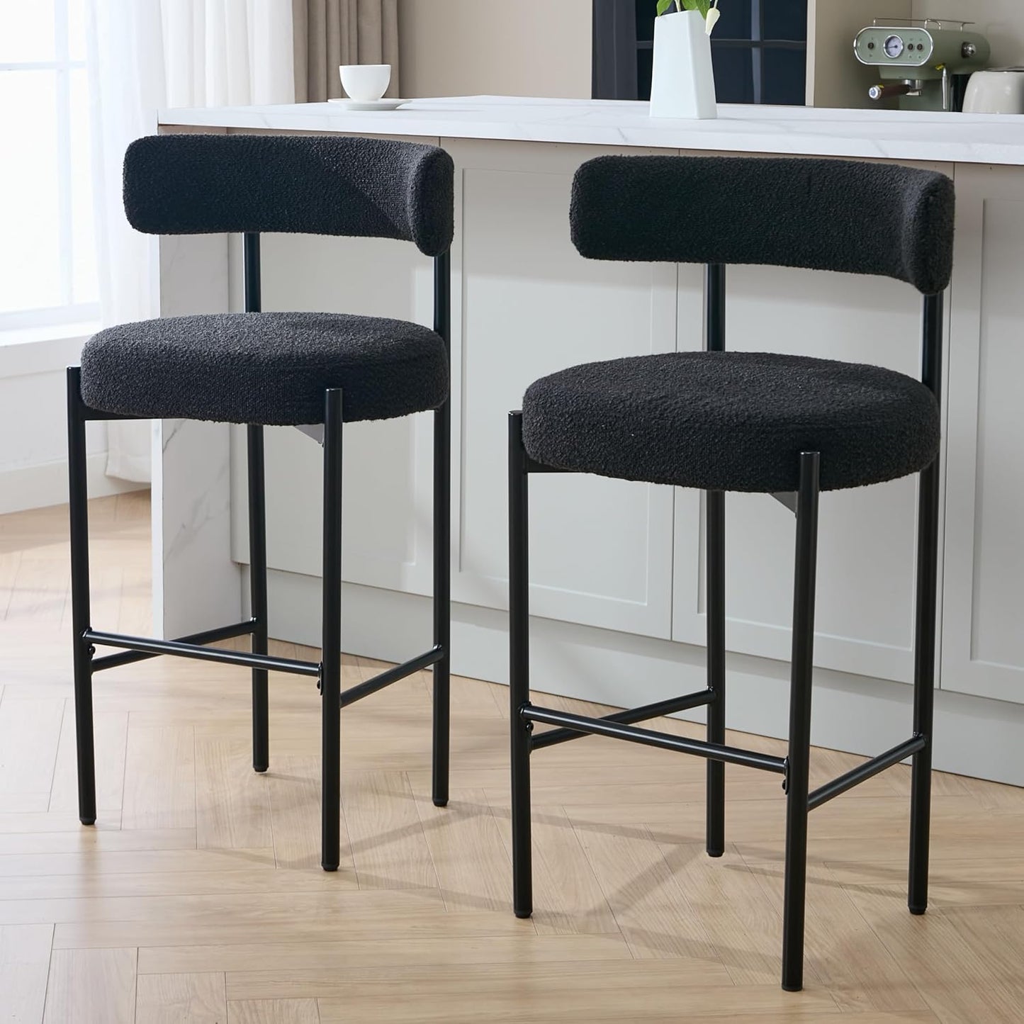 Counter Height Bar Stools Set of 3, 24'' Faux Leather Bar Stools with Back, Mid-Century Modern Bar Chairs for Kitchen Island, Dining Room, Vegan Leather, Grey