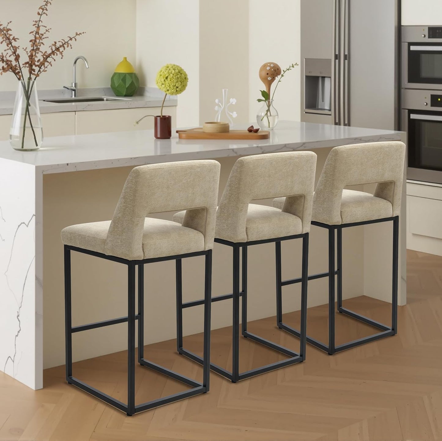 Counter Height Bar Stools Set of 4 for Kitchen Counter Modern Bar Chairs with Backs 26 Inch for Kitchen Island with Upholstered Faux Leather Seat and Metal Frame, Beige